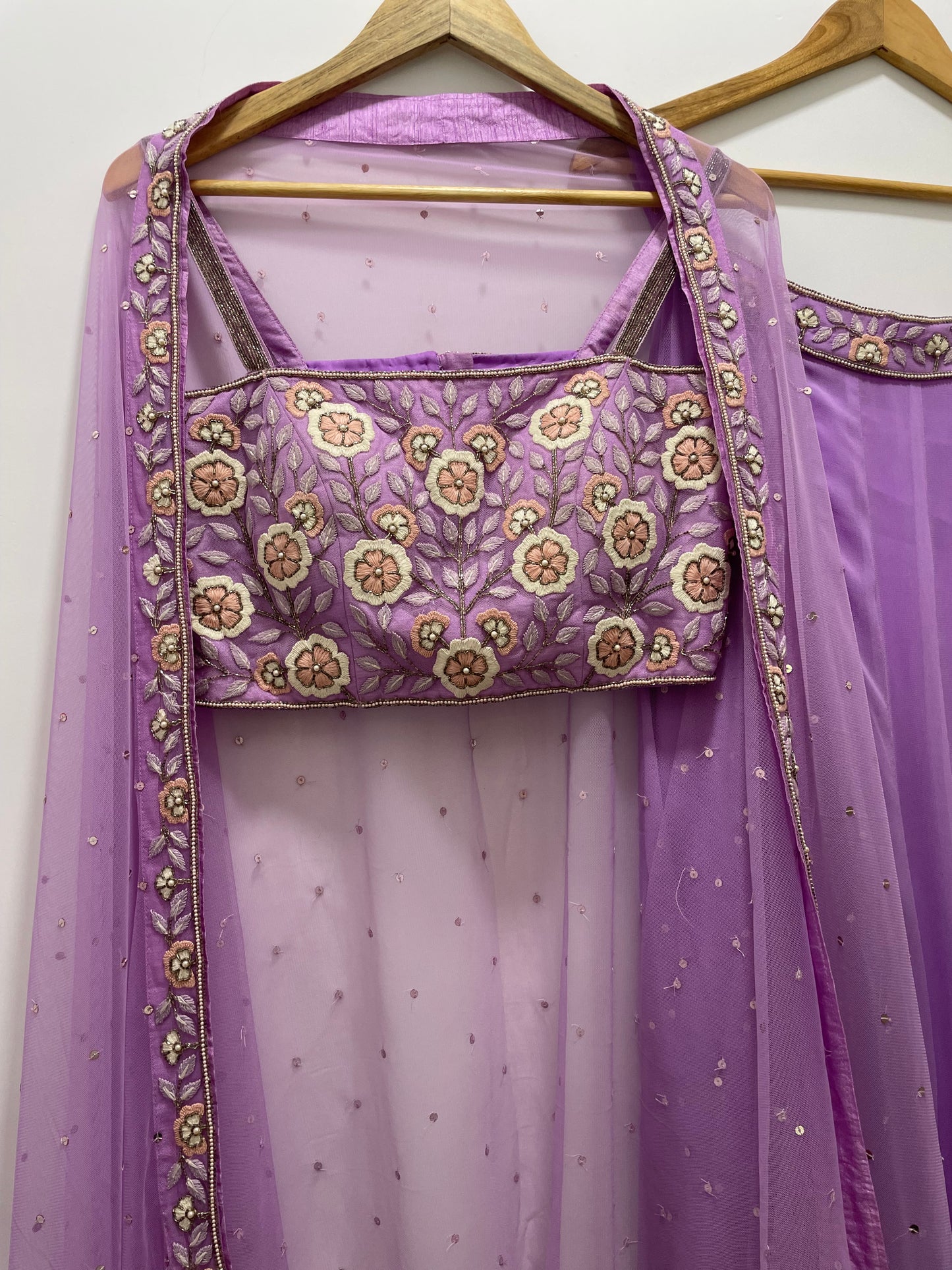 Lavender threadwork and gold embroidered blouse & dupatta with a high waisted lehenga