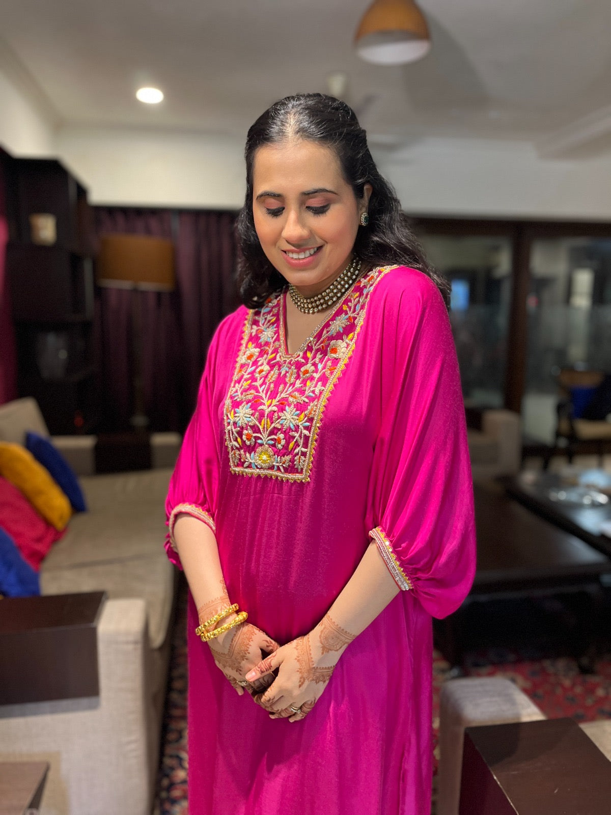 Hot pink kaftan set with a hand embroidered colourful yoke and embellished sleeves