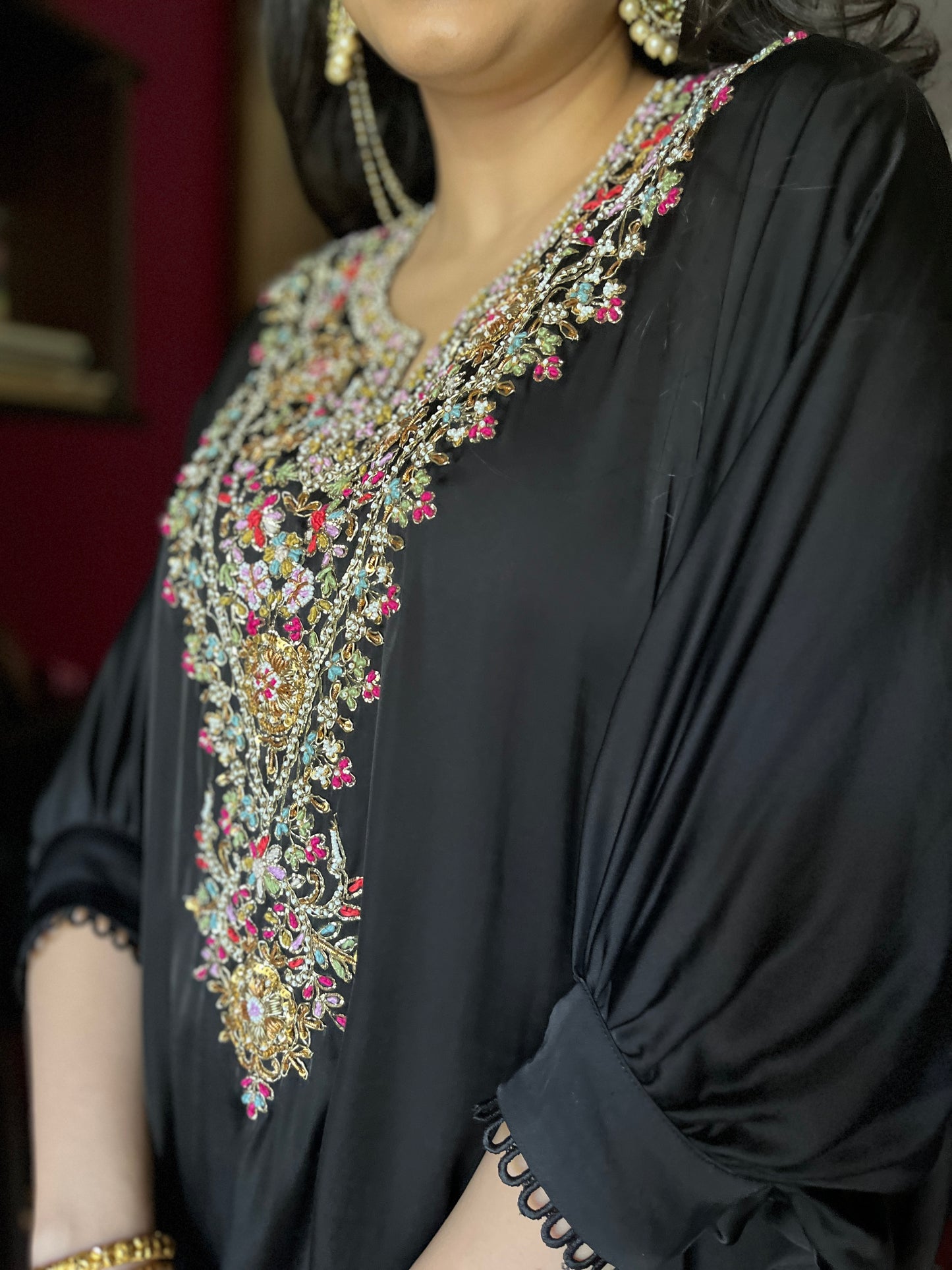 Black kaftan set with a colourful hand embroidered yoke