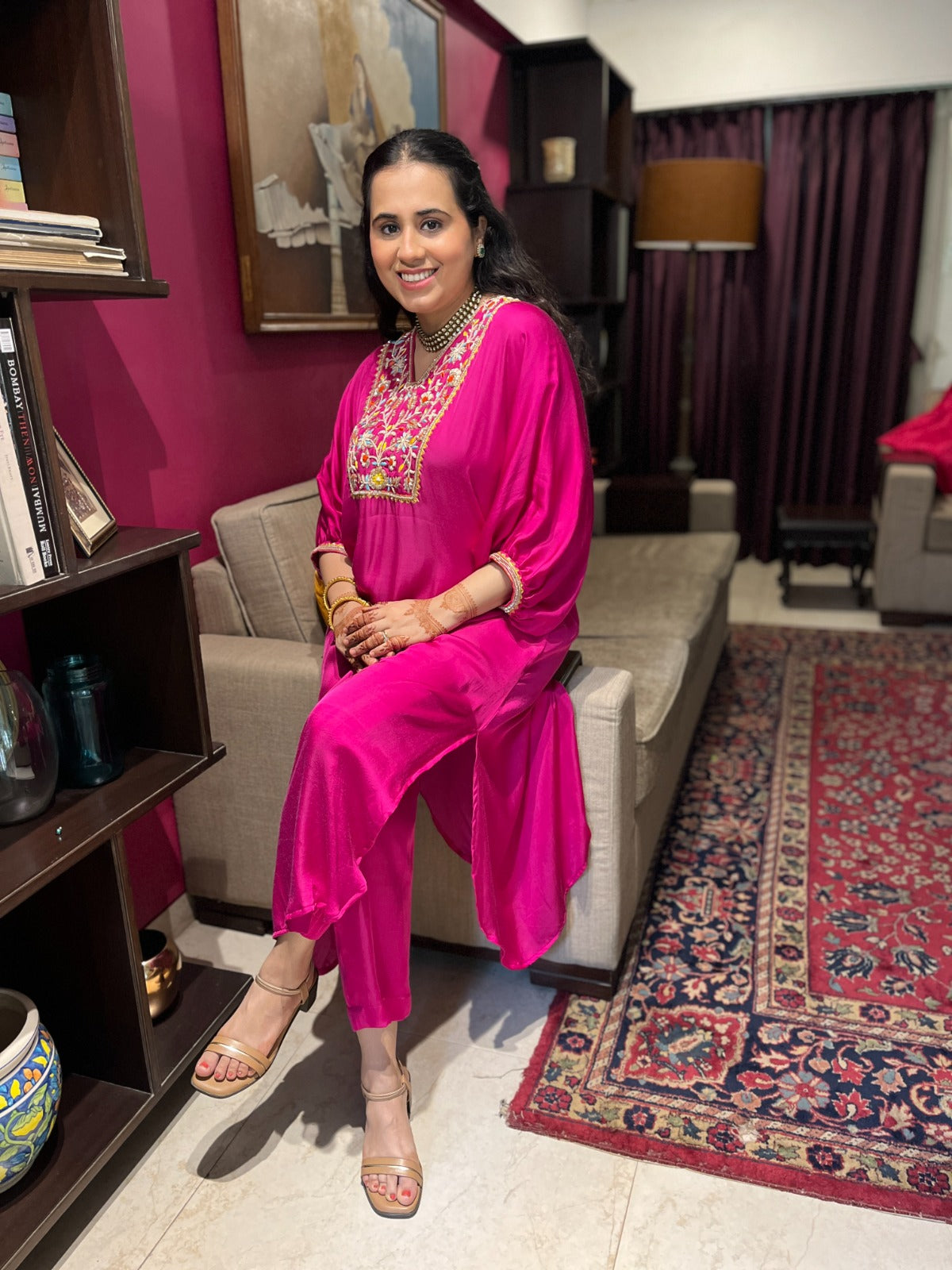Hot pink kaftan set with a hand embroidered colourful yoke and embellished sleeves