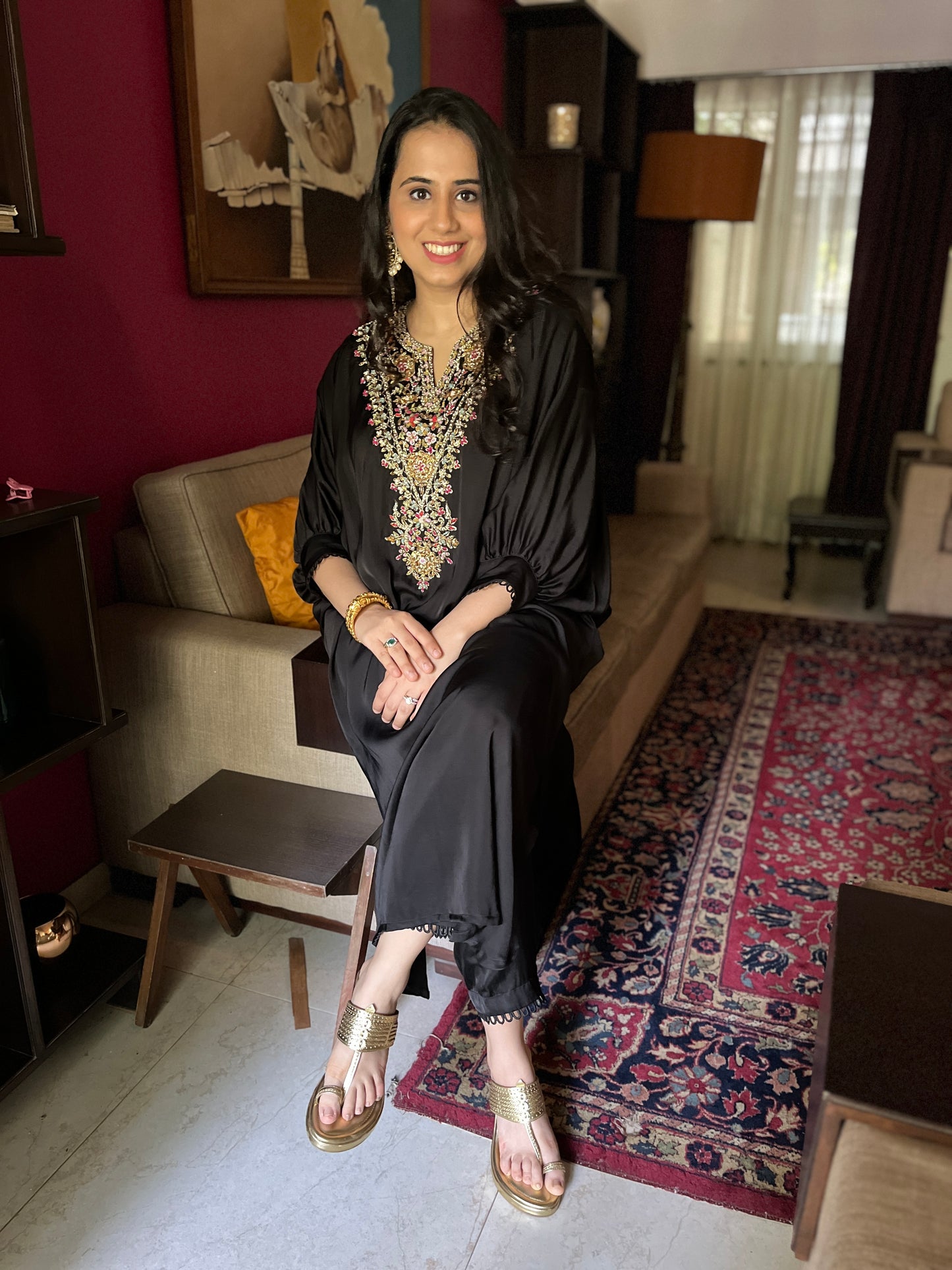 Black kaftan set with a colourful hand embroidered yoke