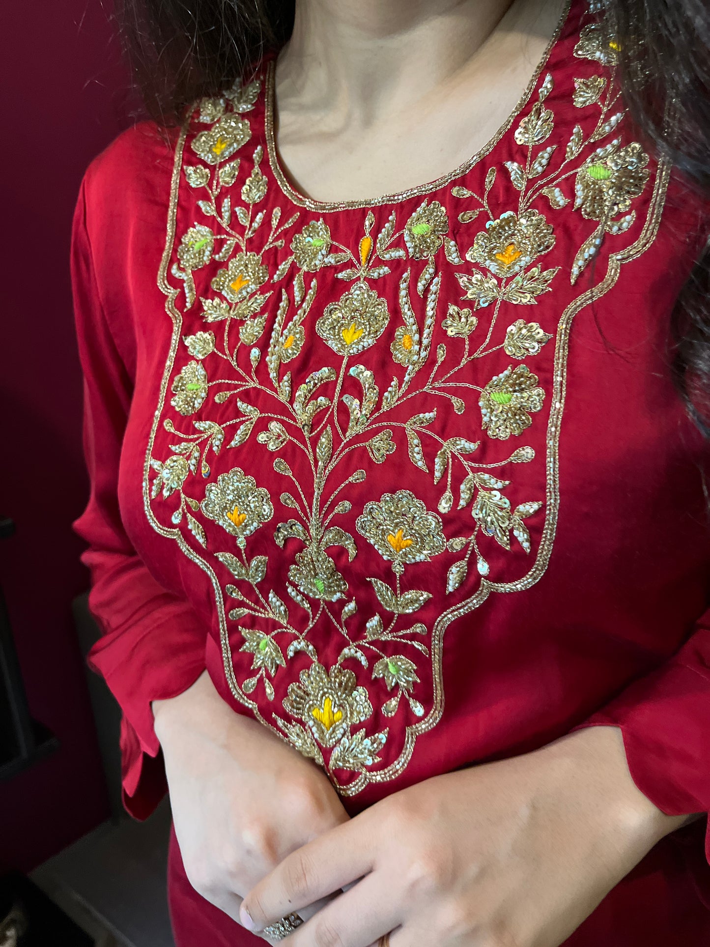 Deep red short kurta with a hand embroidered yoke and straight pants with scallop detailing