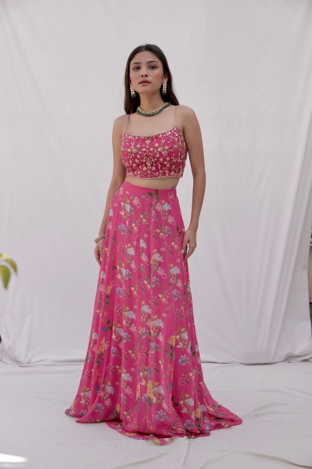Deep pink floral printed lehenga with a hand embroidered blouse