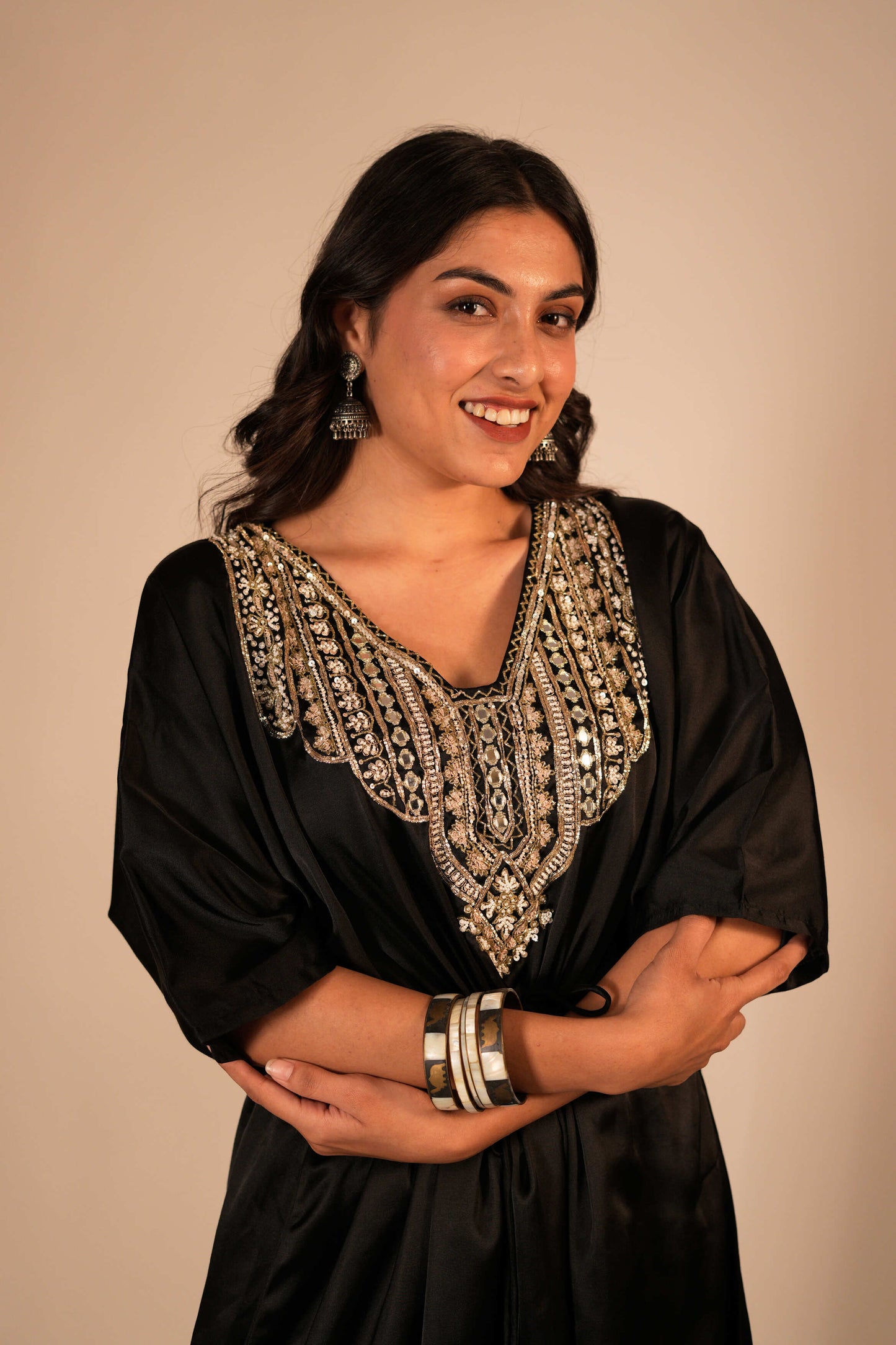 Black kaftan set with a hand embroidered neckline and front tie up