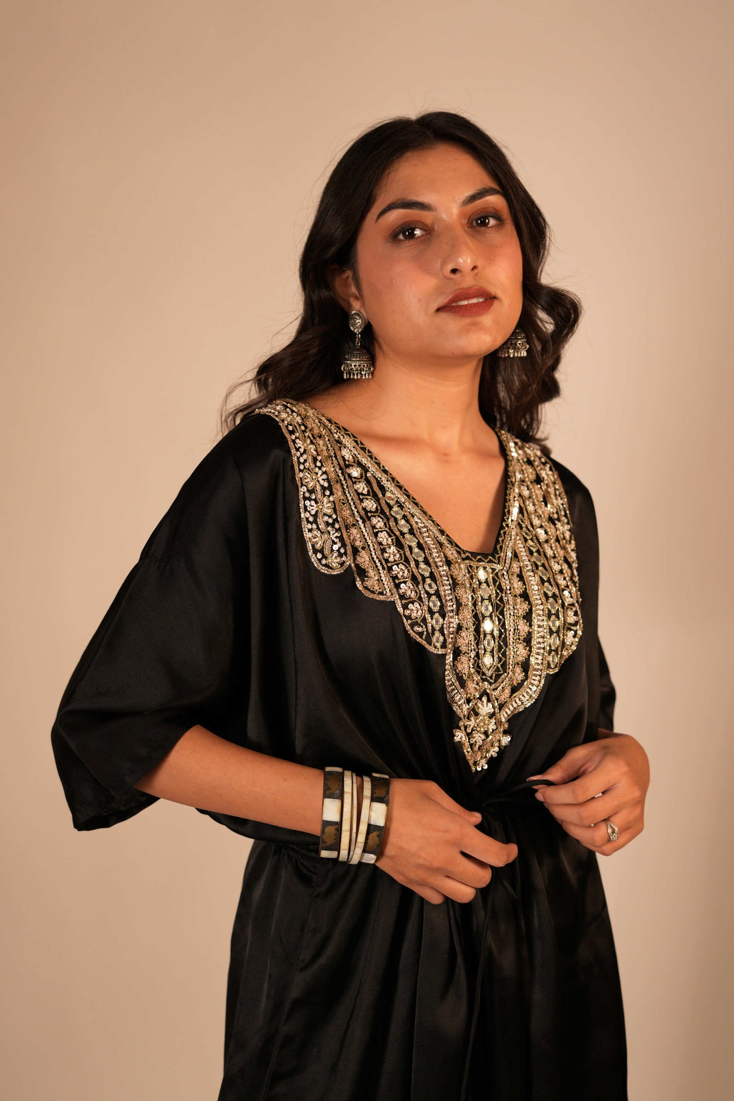 Black kaftan set with a hand embroidered neckline and front tie up