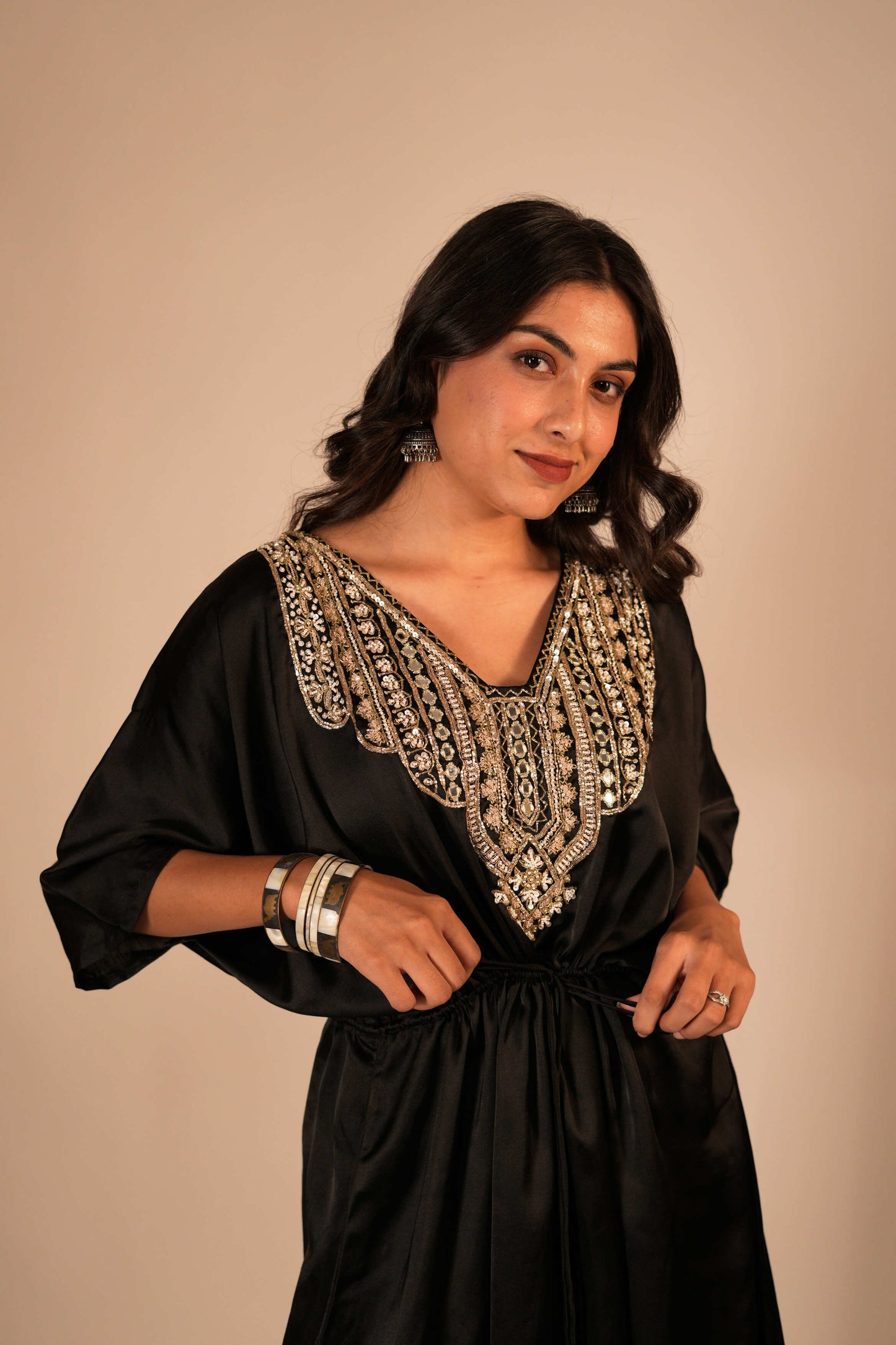 Black kaftan set with a hand embroidered neckline and front tie up