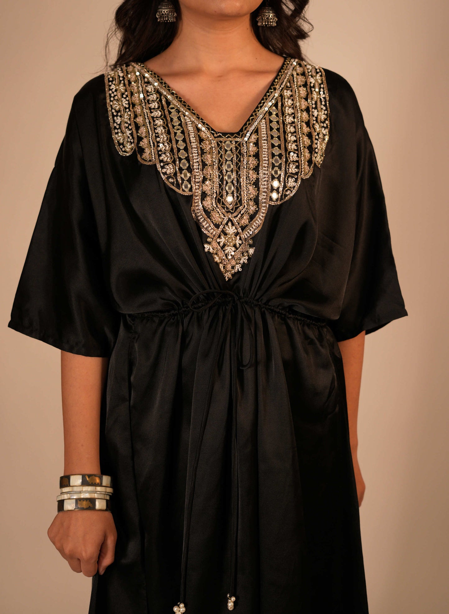 Black kaftan set with a hand embroidered neckline and front tie up