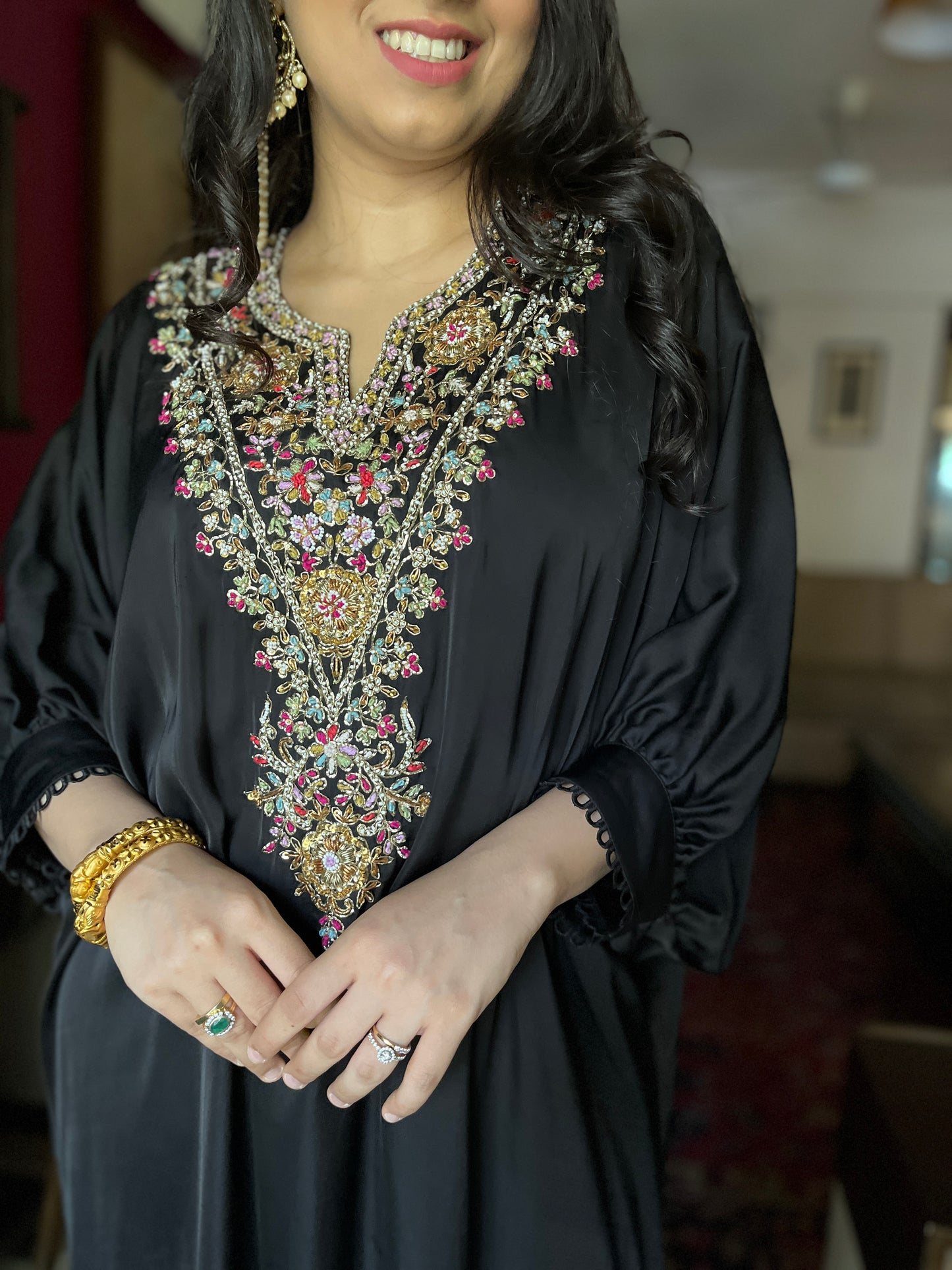 Black kaftan set with a colourful hand embroidered yoke
