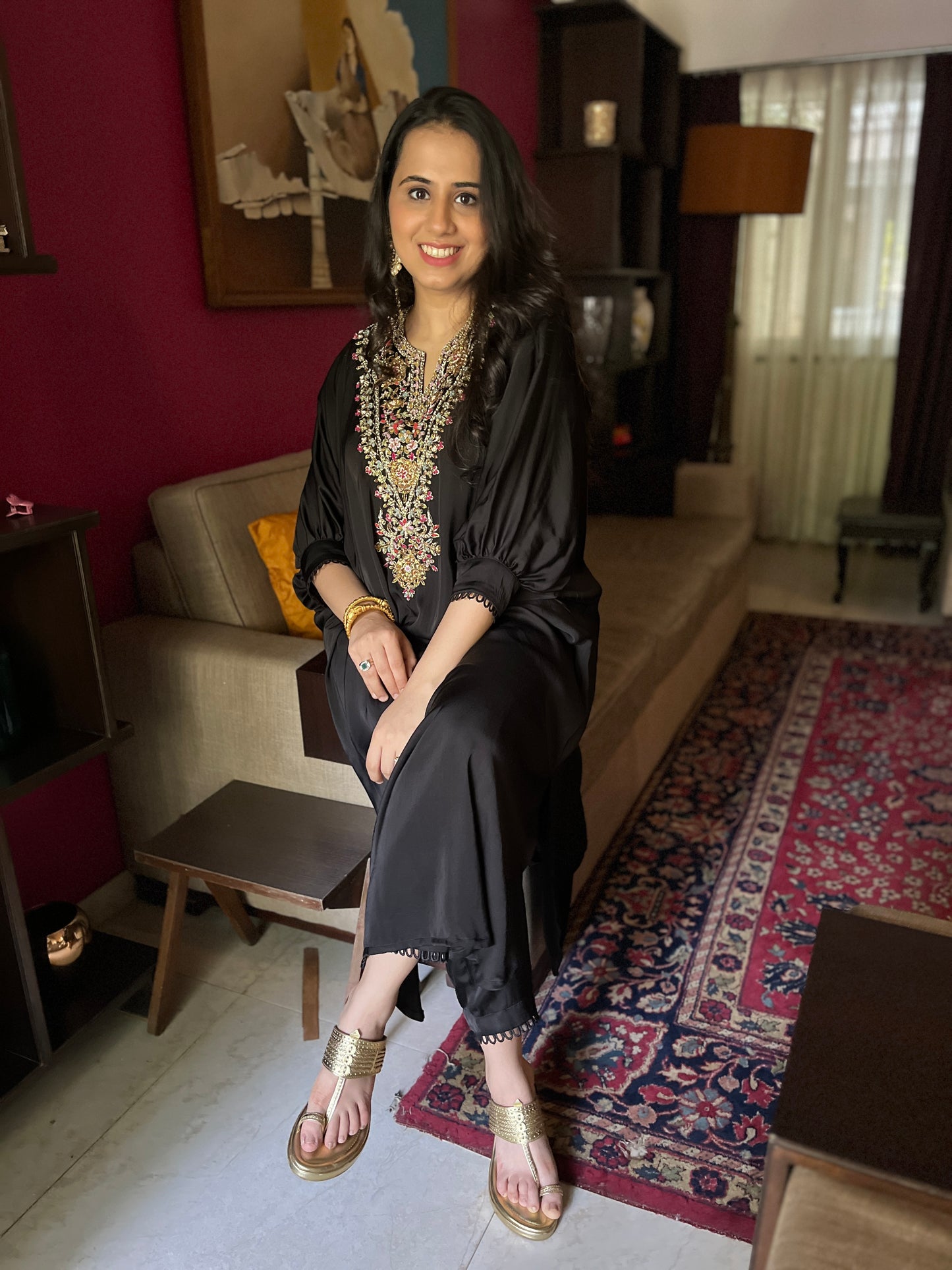 Black kaftan set with a colourful hand embroidered yoke