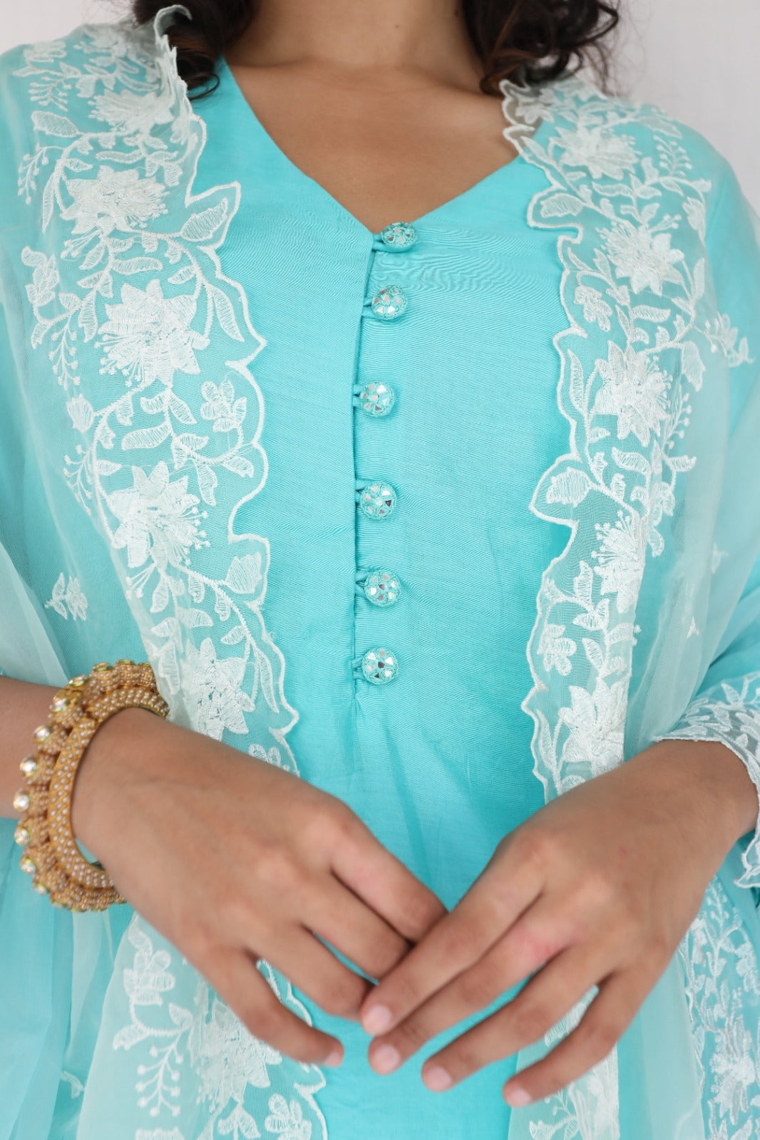 Ice blue chanderi kurta set with an ombré dyed cutwork dupatta