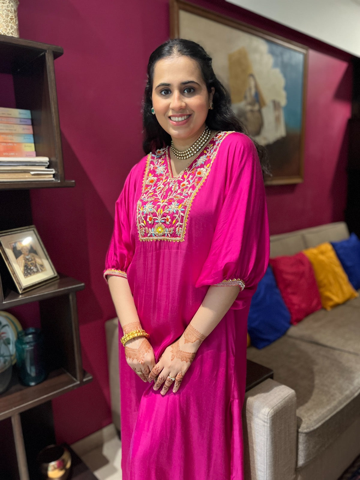 Hot pink kaftan set with a hand embroidered colourful yoke and embellished sleeves