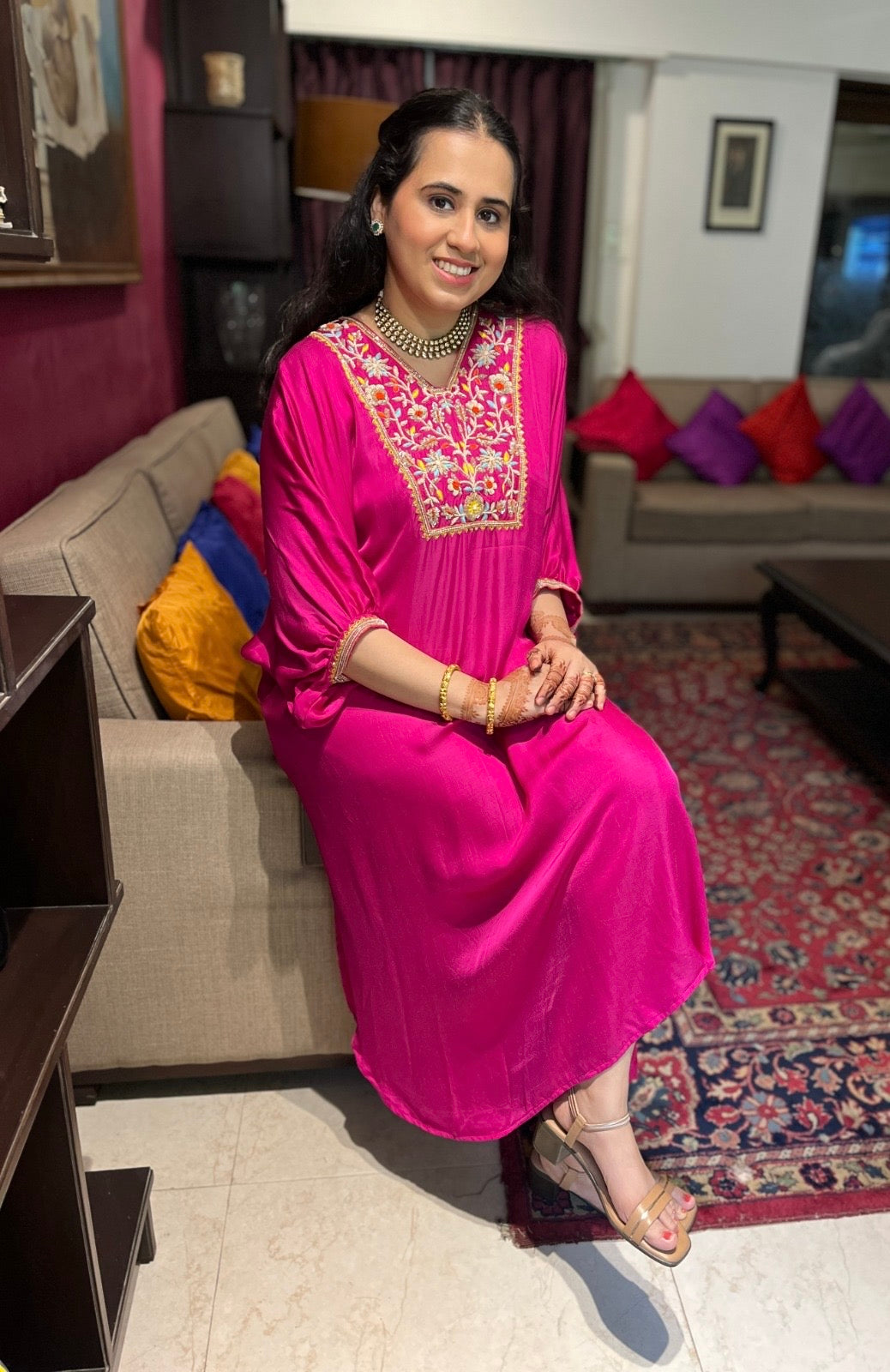 Hot pink kaftan set with a hand embroidered colourful yoke and embellished sleeves