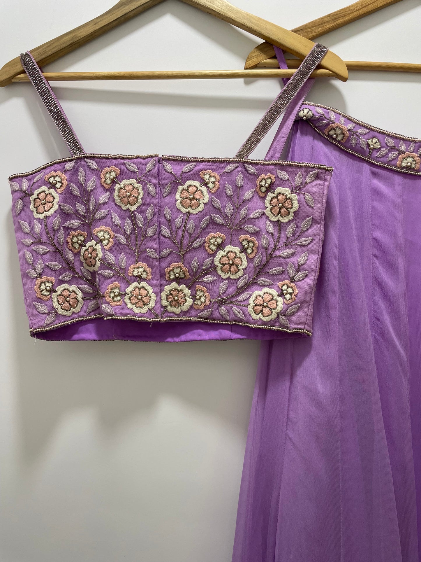 Lavender threadwork and gold embroidered blouse & dupatta with a high waisted lehenga