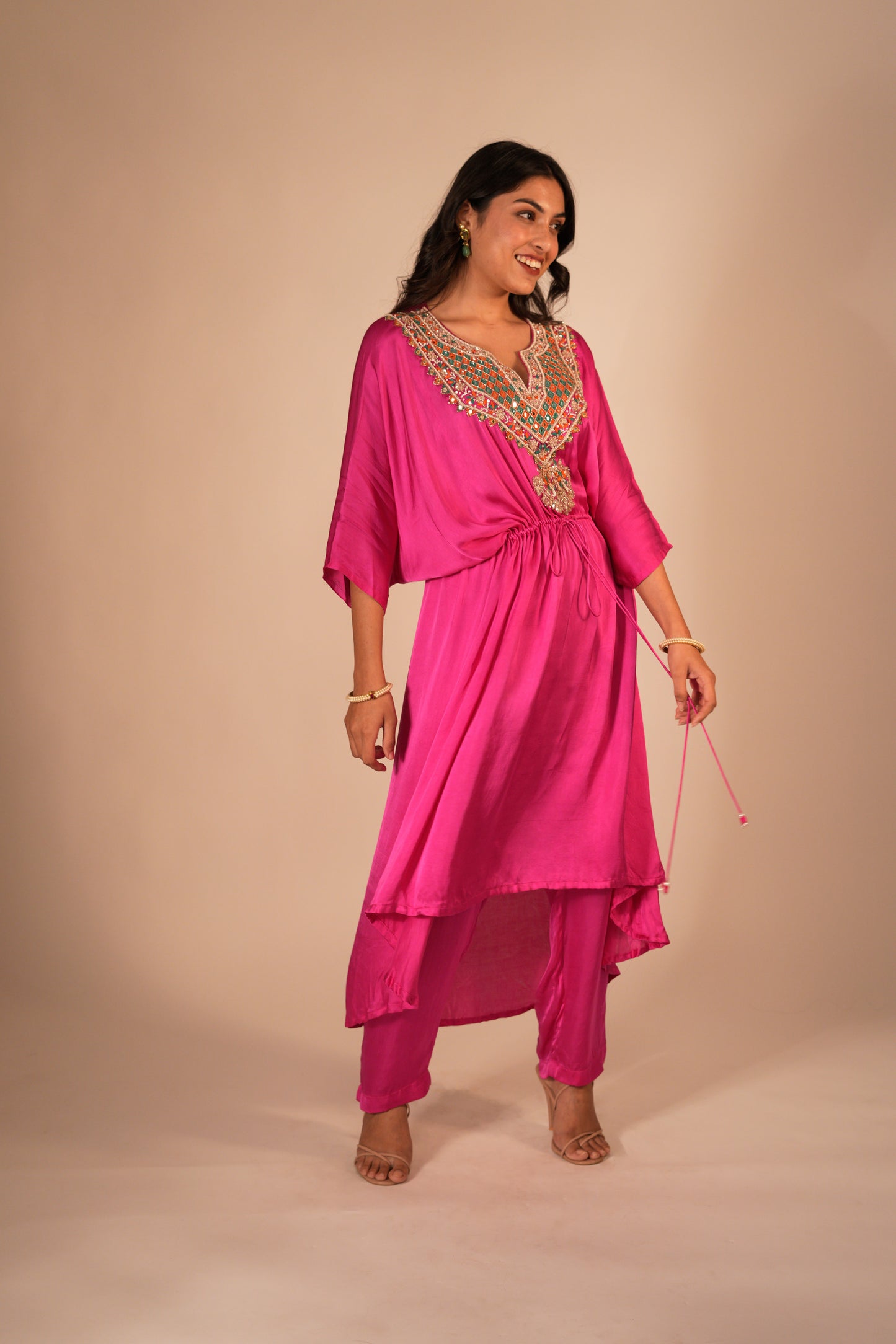 Hot pink high low kaftan set with a hand embroidered neckline and tie up