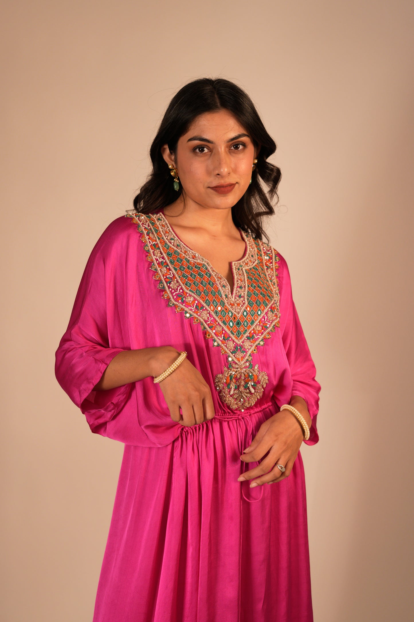 Hot pink high low kaftan set with a hand embroidered neckline and tie up