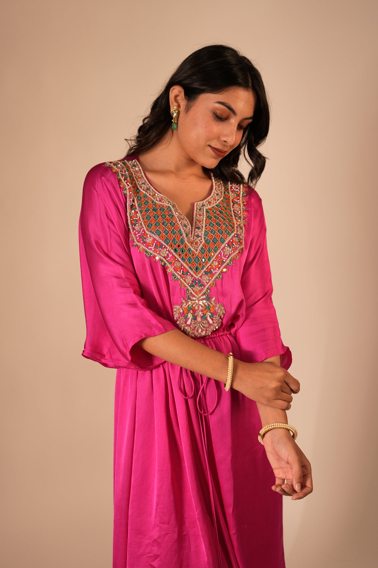 Hot pink high low kaftan set with a hand embroidered neckline and tie up