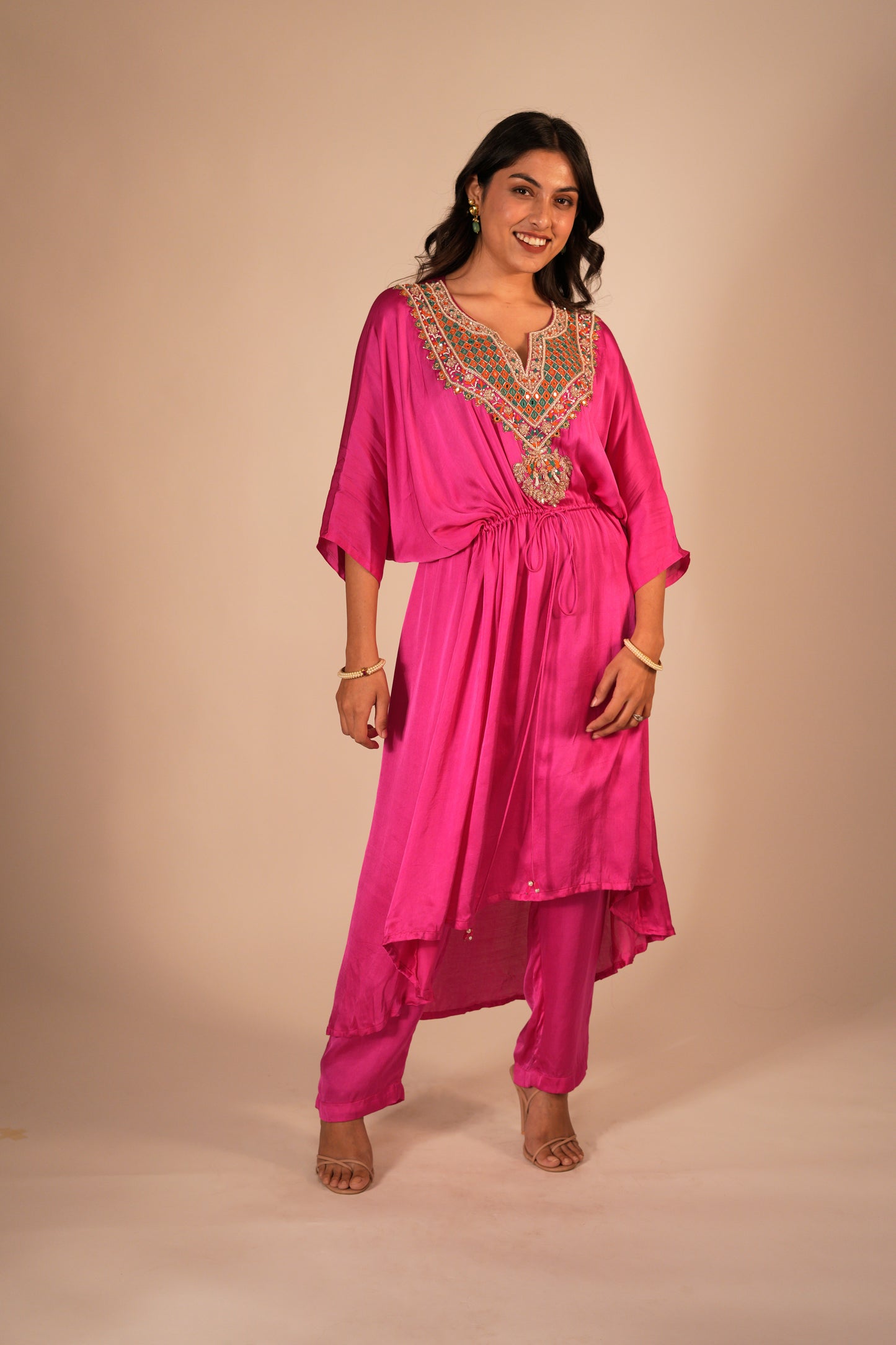 Hot pink high low kaftan set with a hand embroidered neckline and tie up