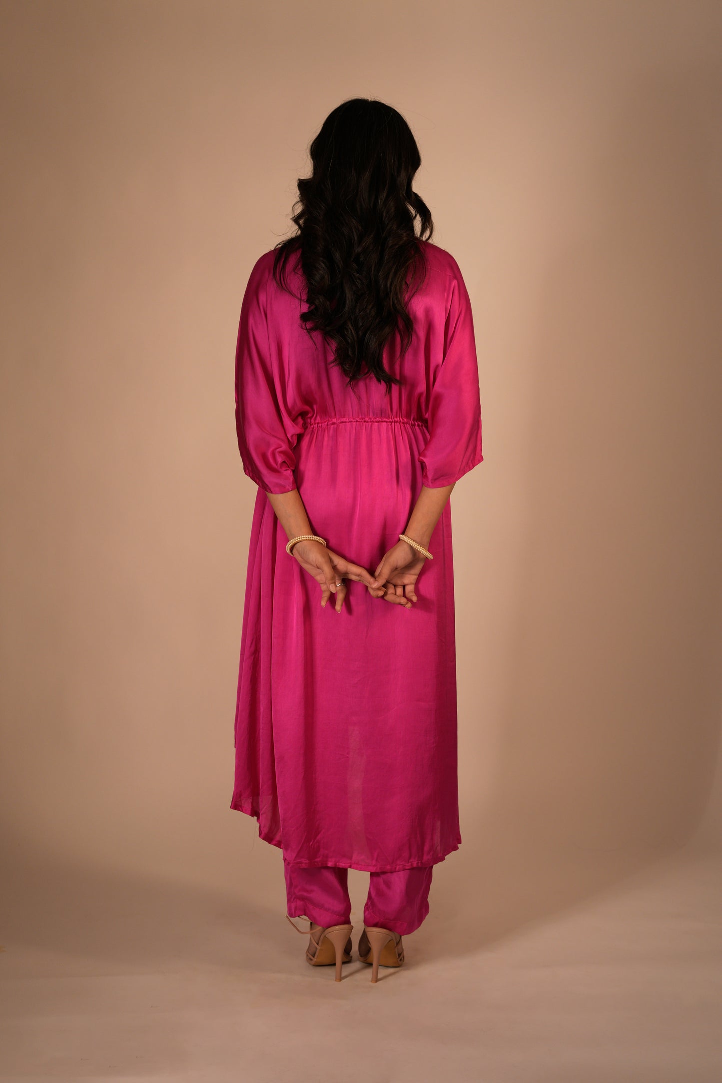 Hot pink high low kaftan set with a hand embroidered neckline and tie up
