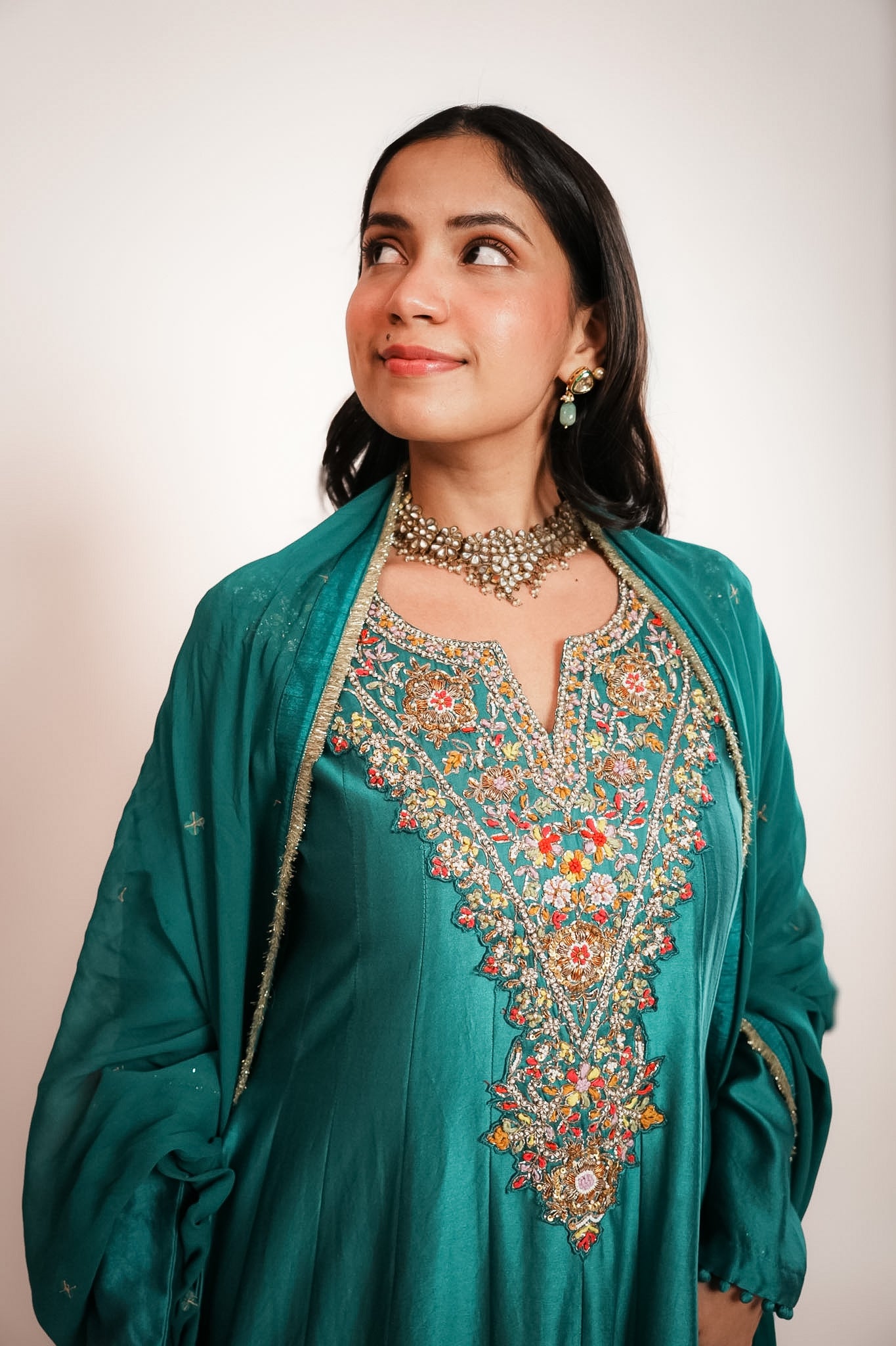 Teal embroidered anarkali set