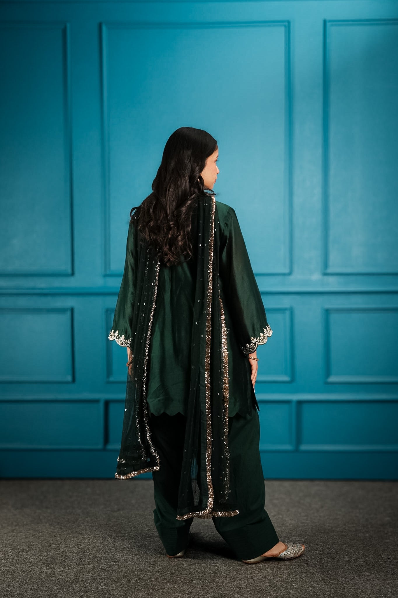Bottle green embroidered farshi set