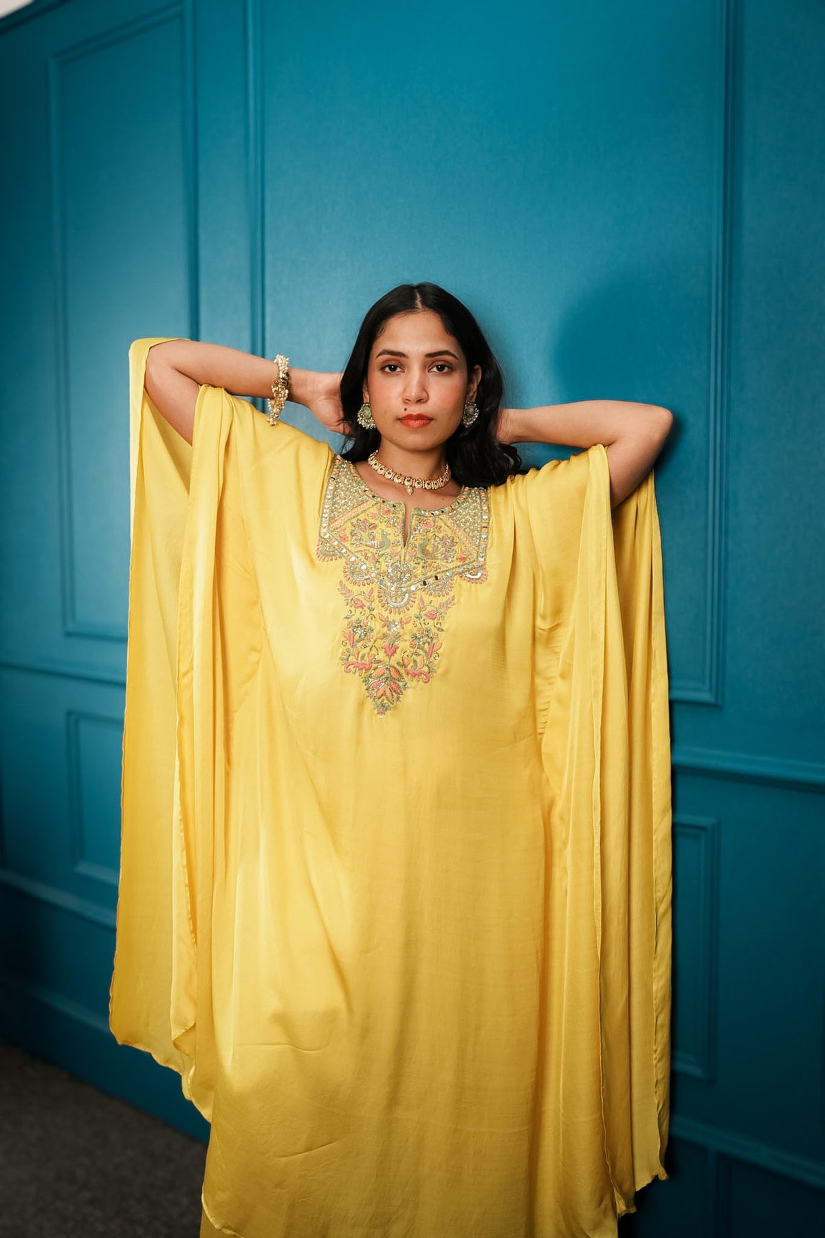Yellow embroidered kaftan set