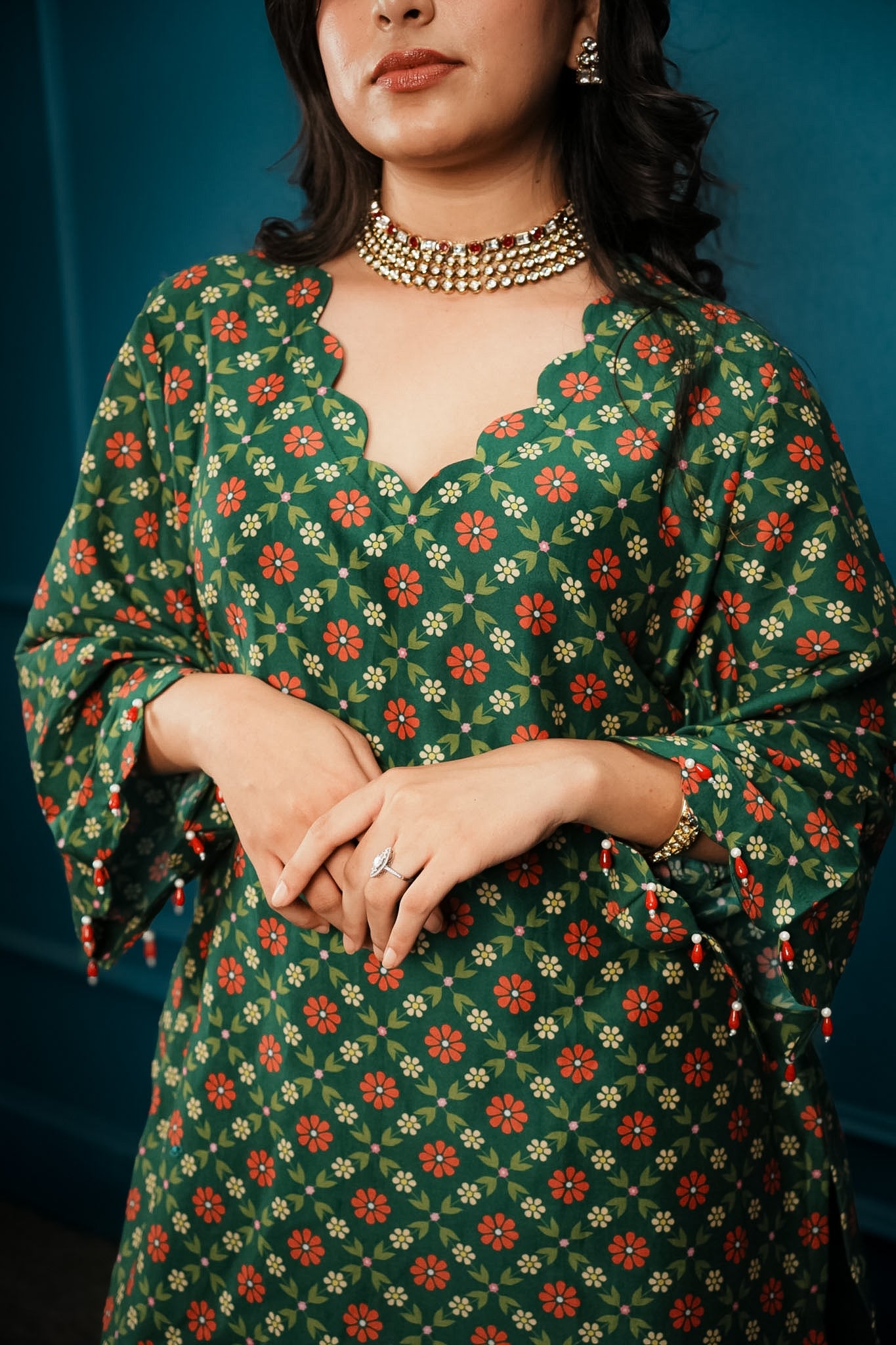 Bottle green printed & embroidered farshi set