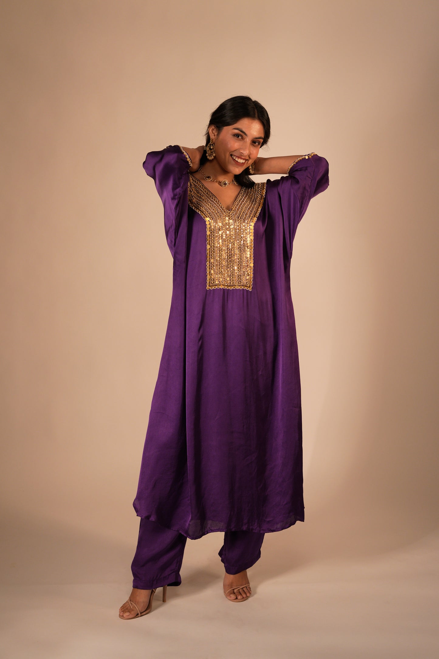 Deep purple kaftan set with a hand embroidered neckline & sleeves