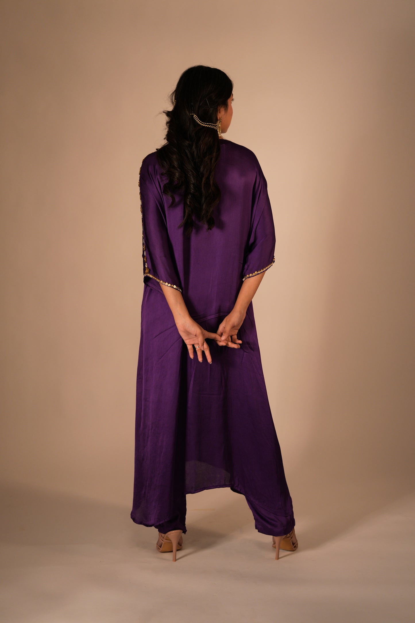 Deep purple kaftan set with a hand embroidered neckline & sleeves