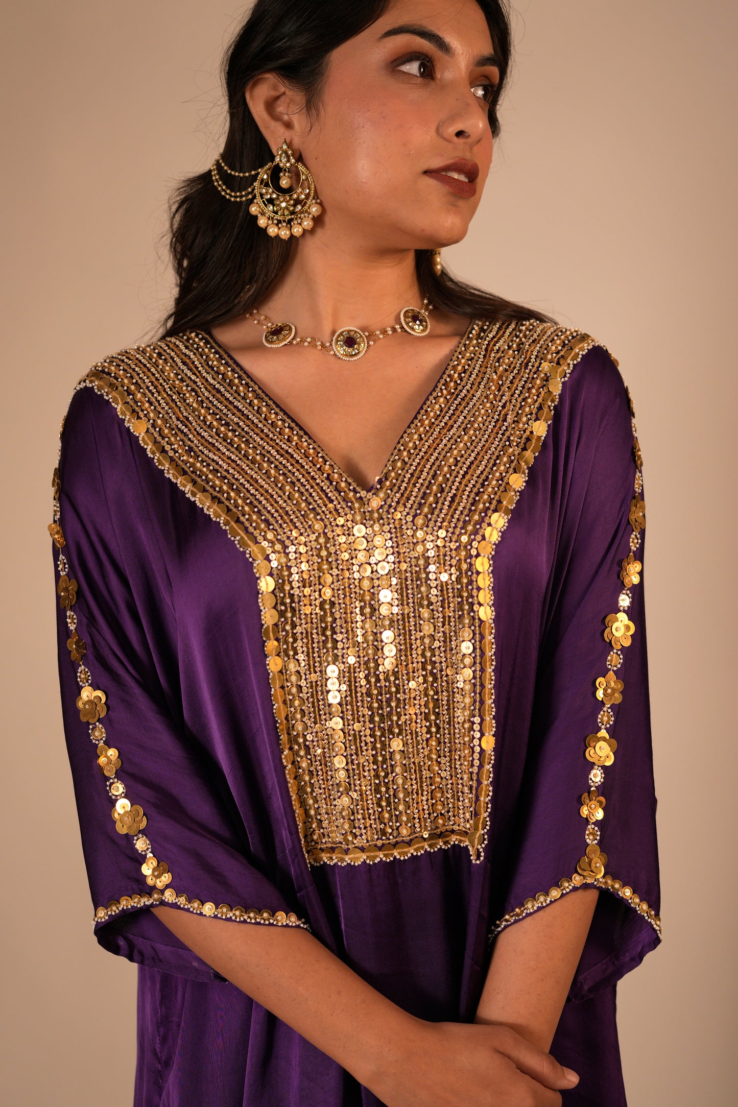 Deep purple kaftan set with a hand embroidered neckline & sleeves