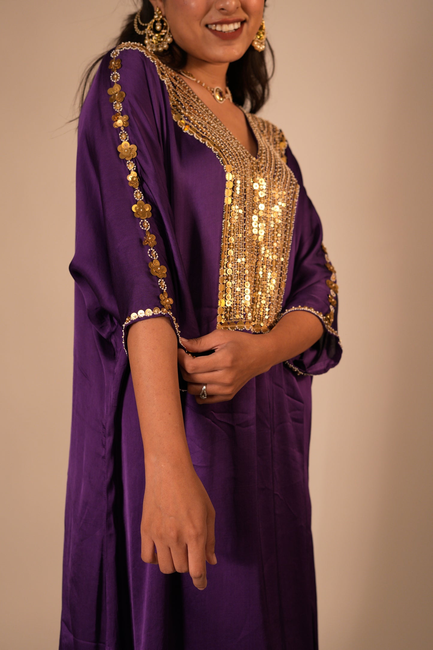 Deep purple kaftan set with a hand embroidered neckline & sleeves