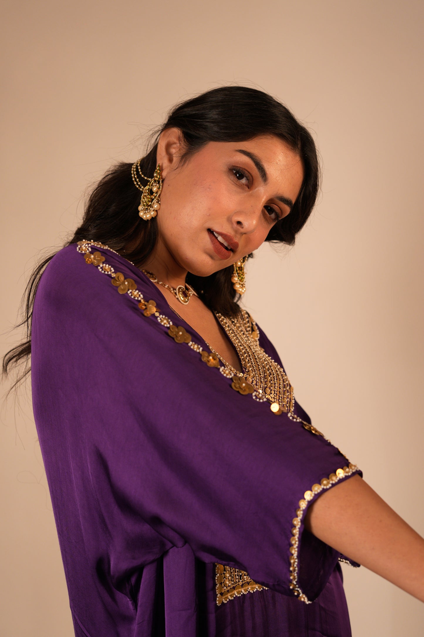 Deep purple kaftan set with a hand embroidered neckline & sleeves
