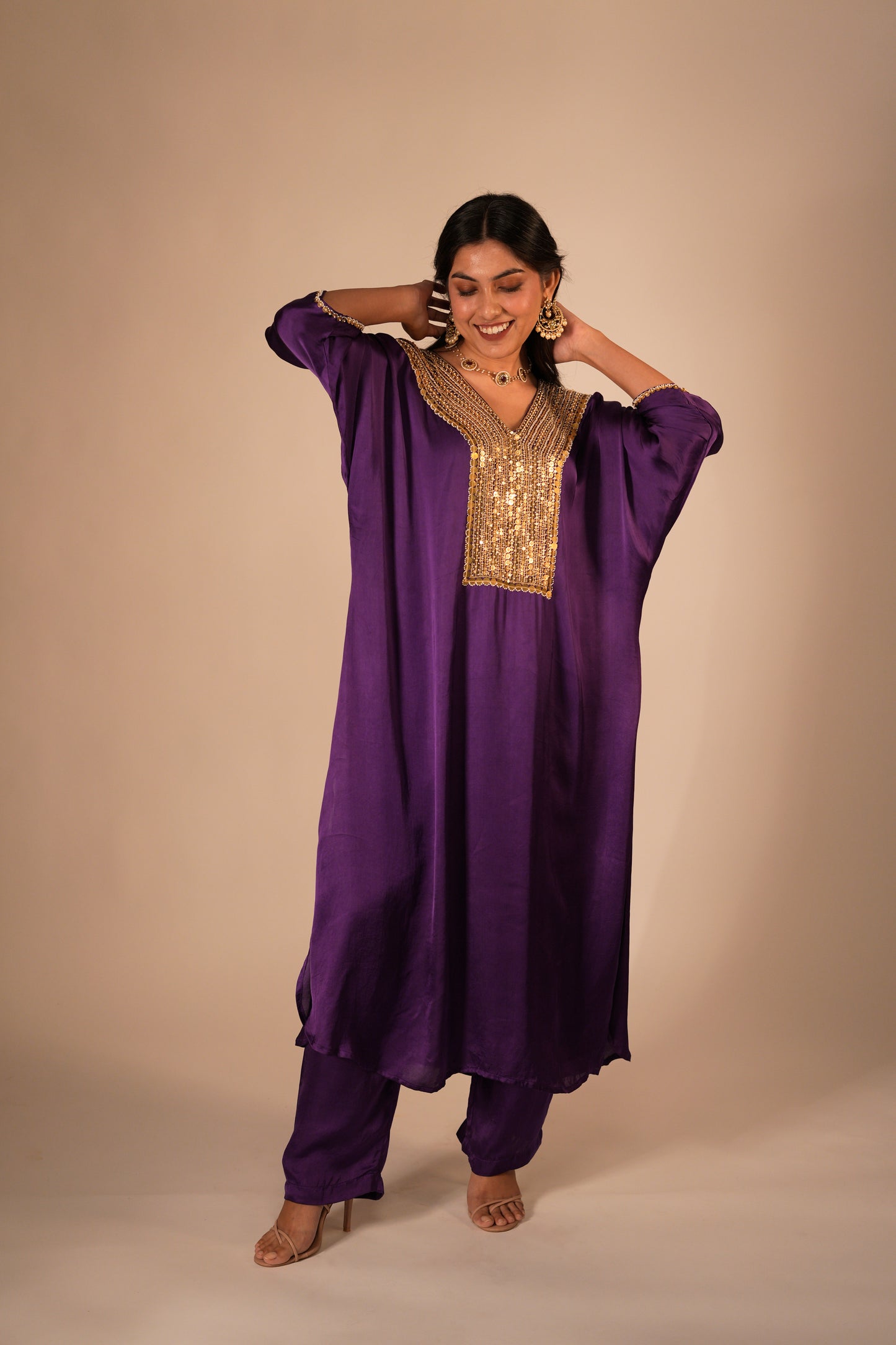 Deep purple kaftan set with a hand embroidered neckline & sleeves