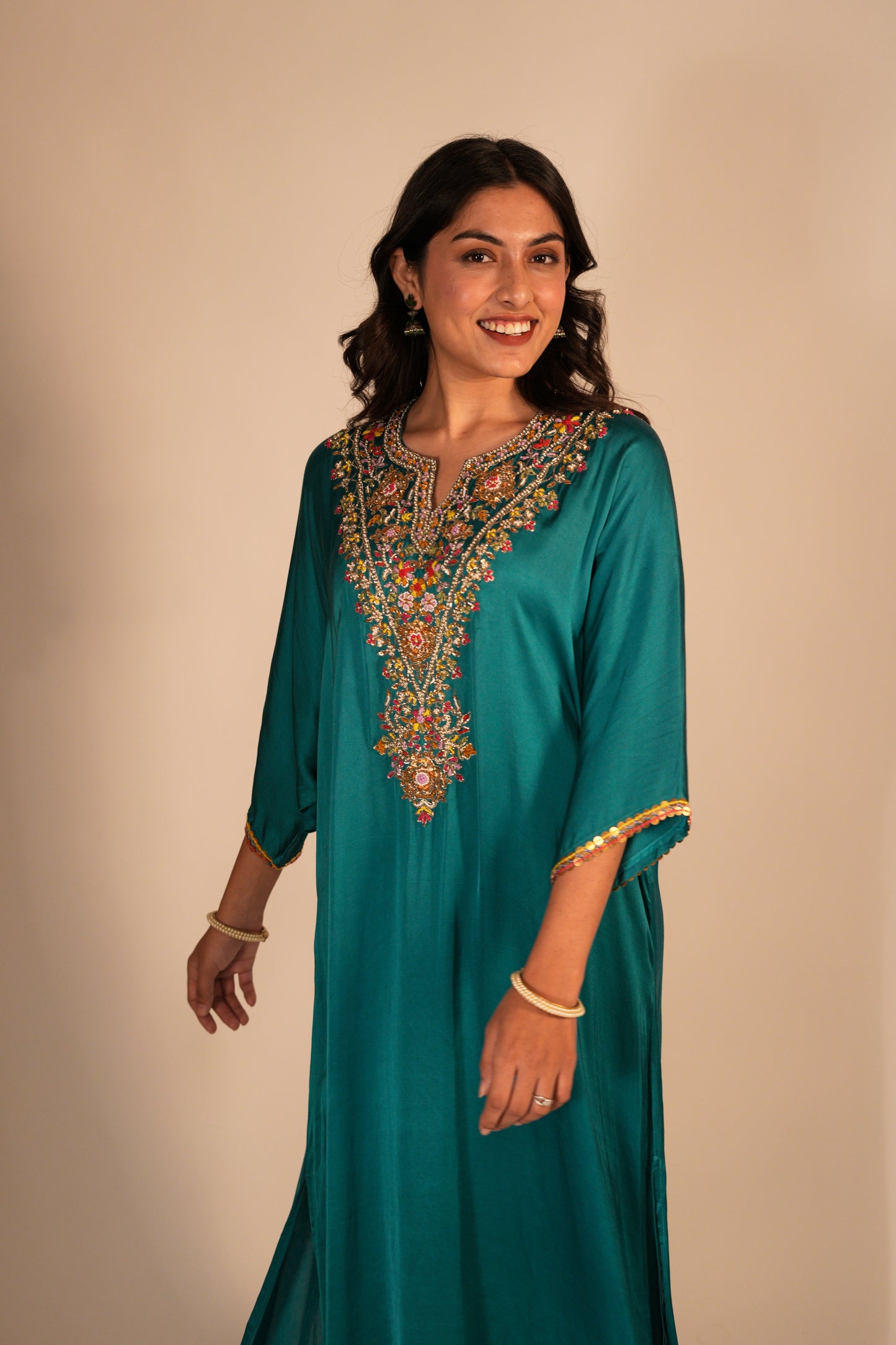 Hand embroidered teal kaftan set