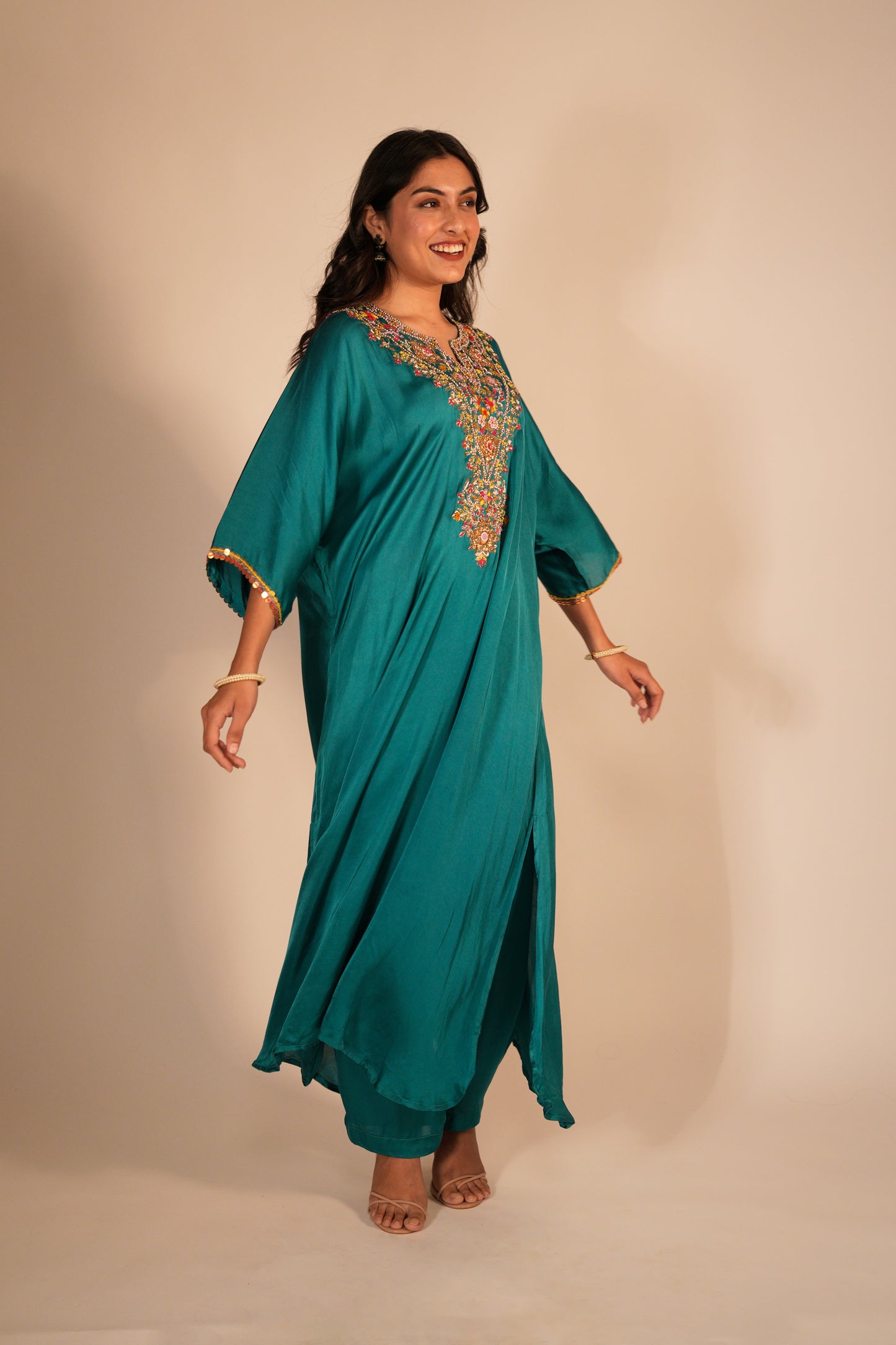 Hand embroidered teal kaftan set