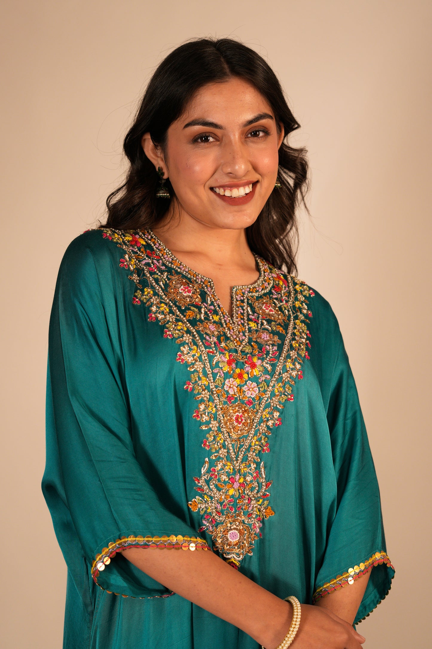 Hand embroidered teal kaftan set