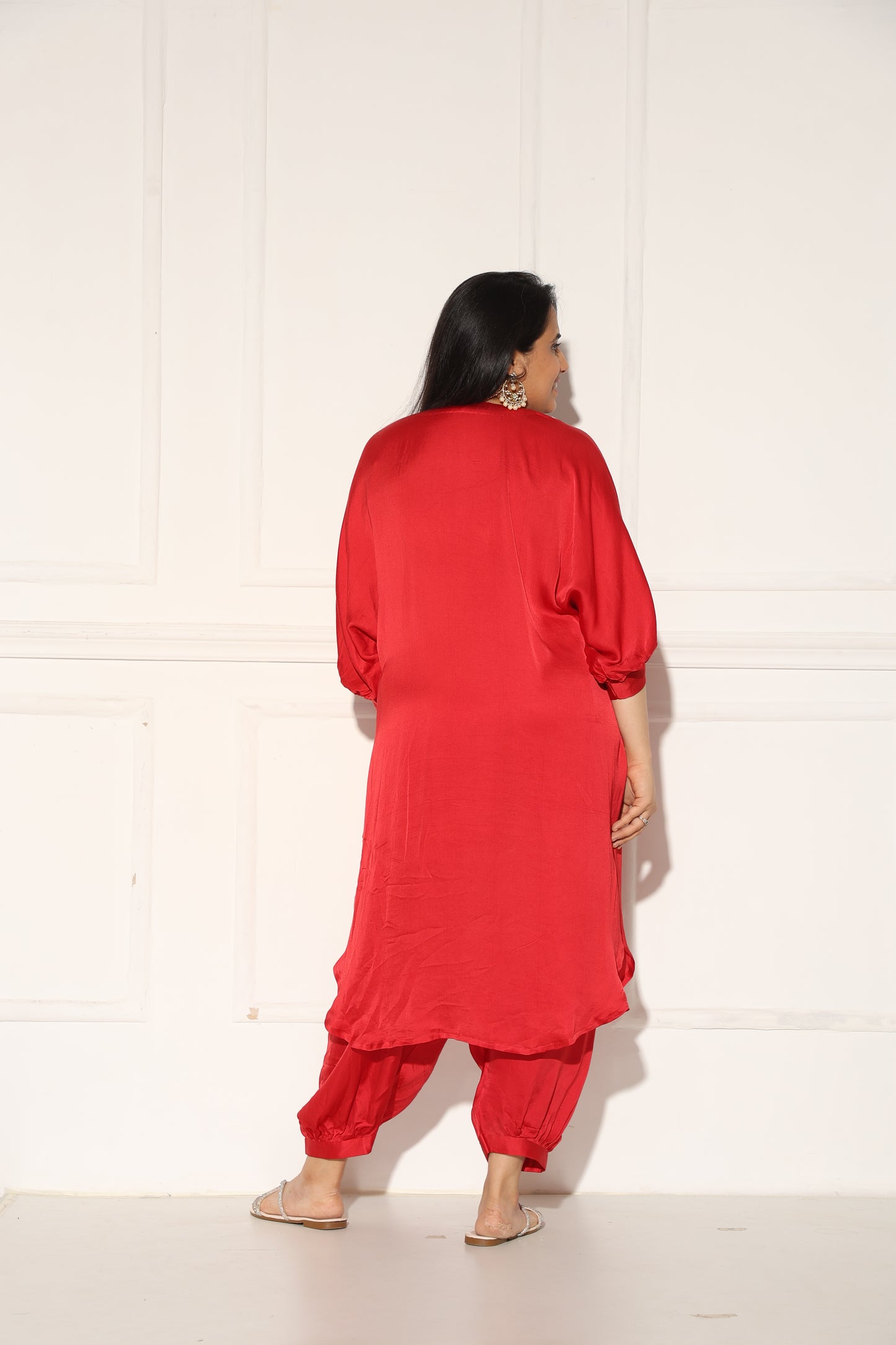 Red kaftan set with a hand embroidered yoke