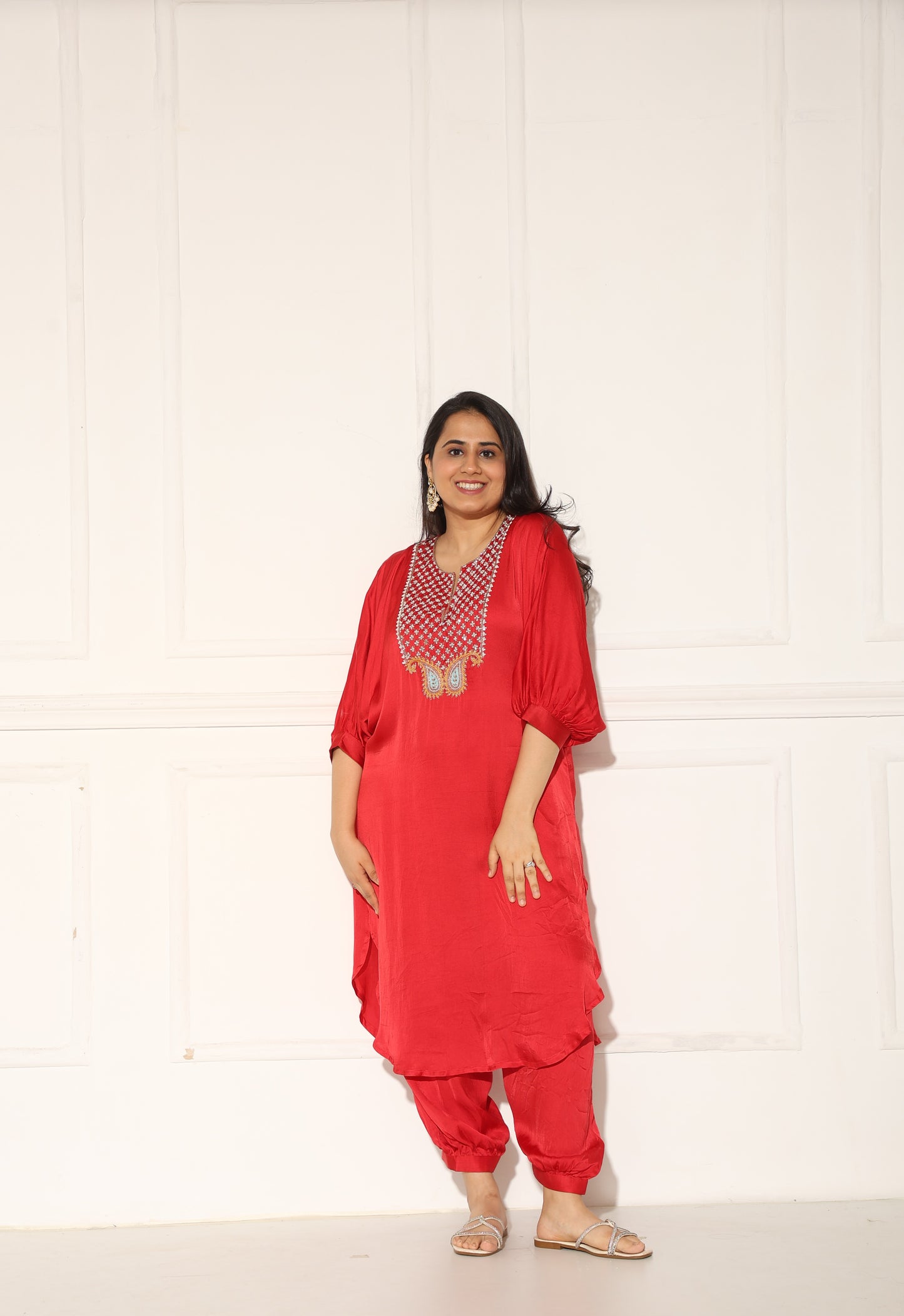 Red kaftan set with a hand embroidered yoke