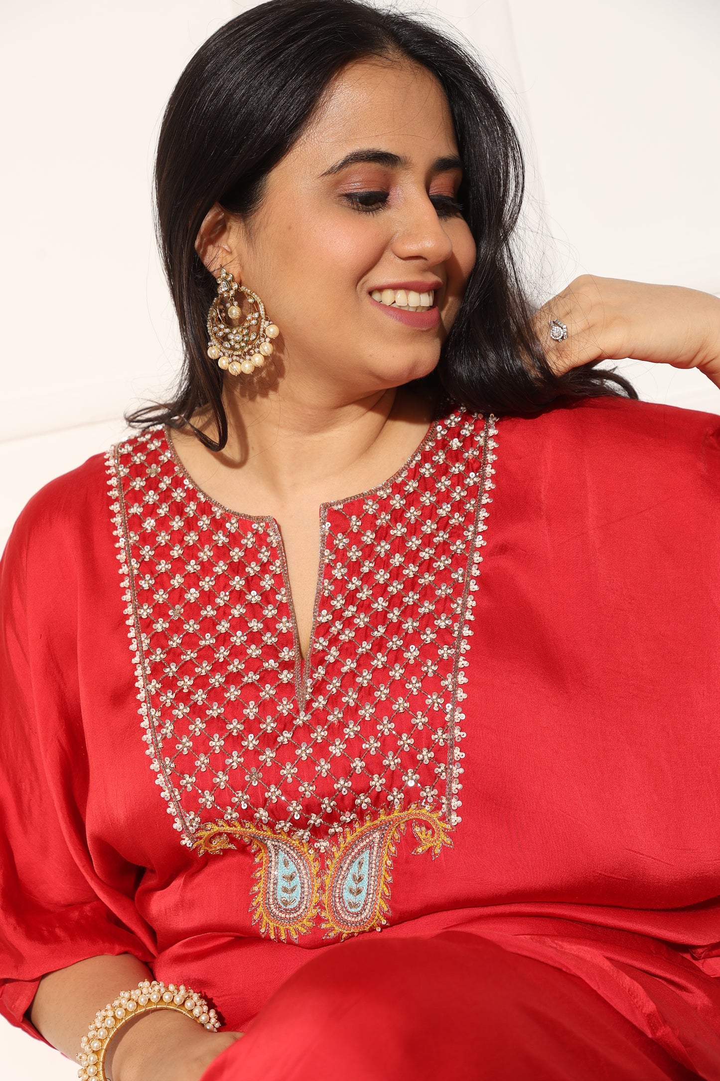 Red kaftan set with a hand embroidered yoke