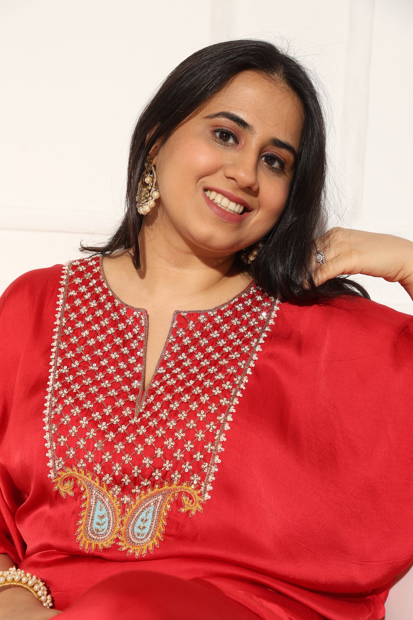 Red kaftan set with a hand embroidered yoke
