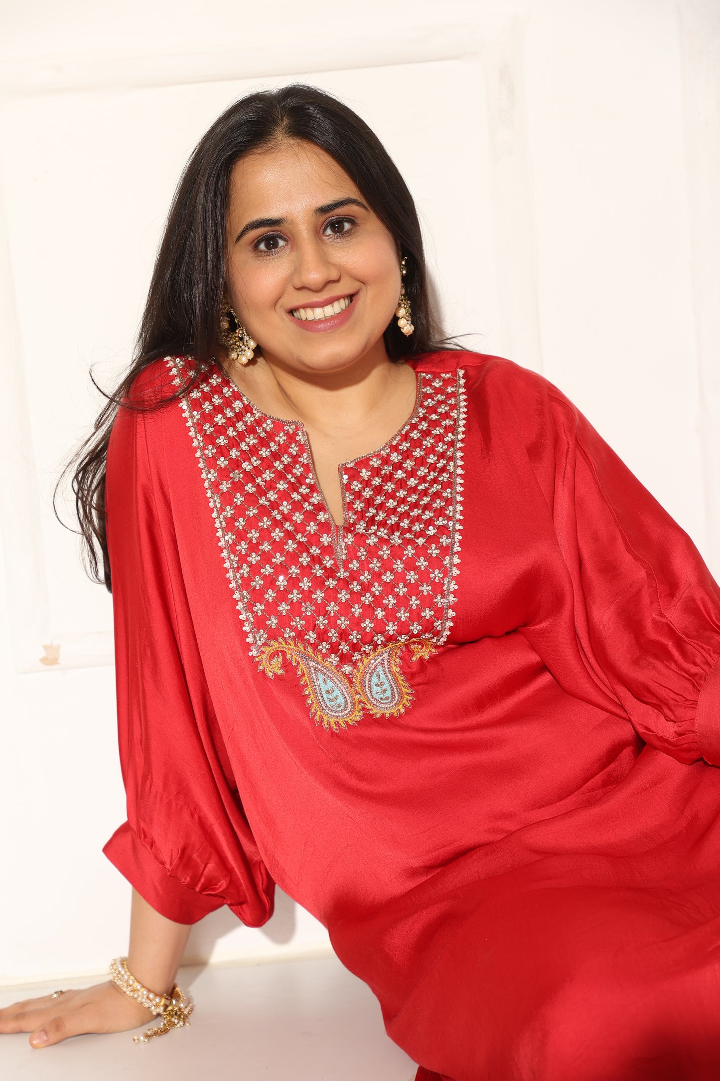 Red kaftan set with a hand embroidered yoke