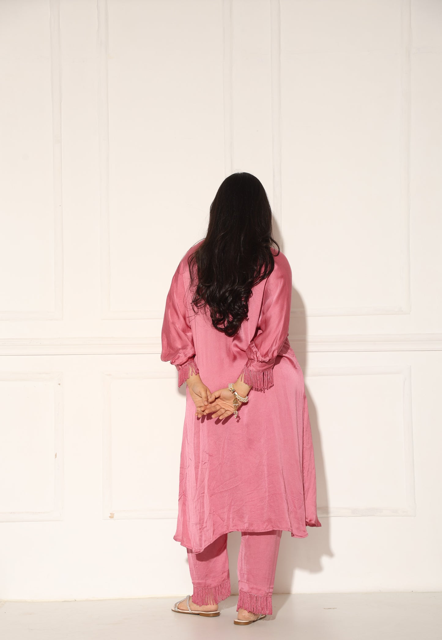 Rose pink kaftan set with a hand embroidered yoke & fringe detailing