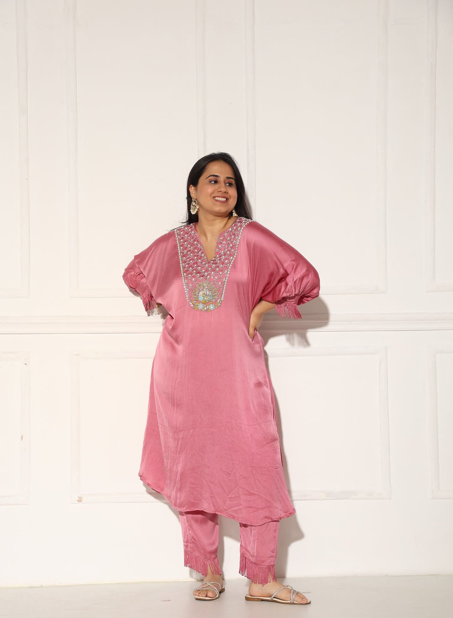 Rose pink kaftan set with a hand embroidered yoke & fringe detailing