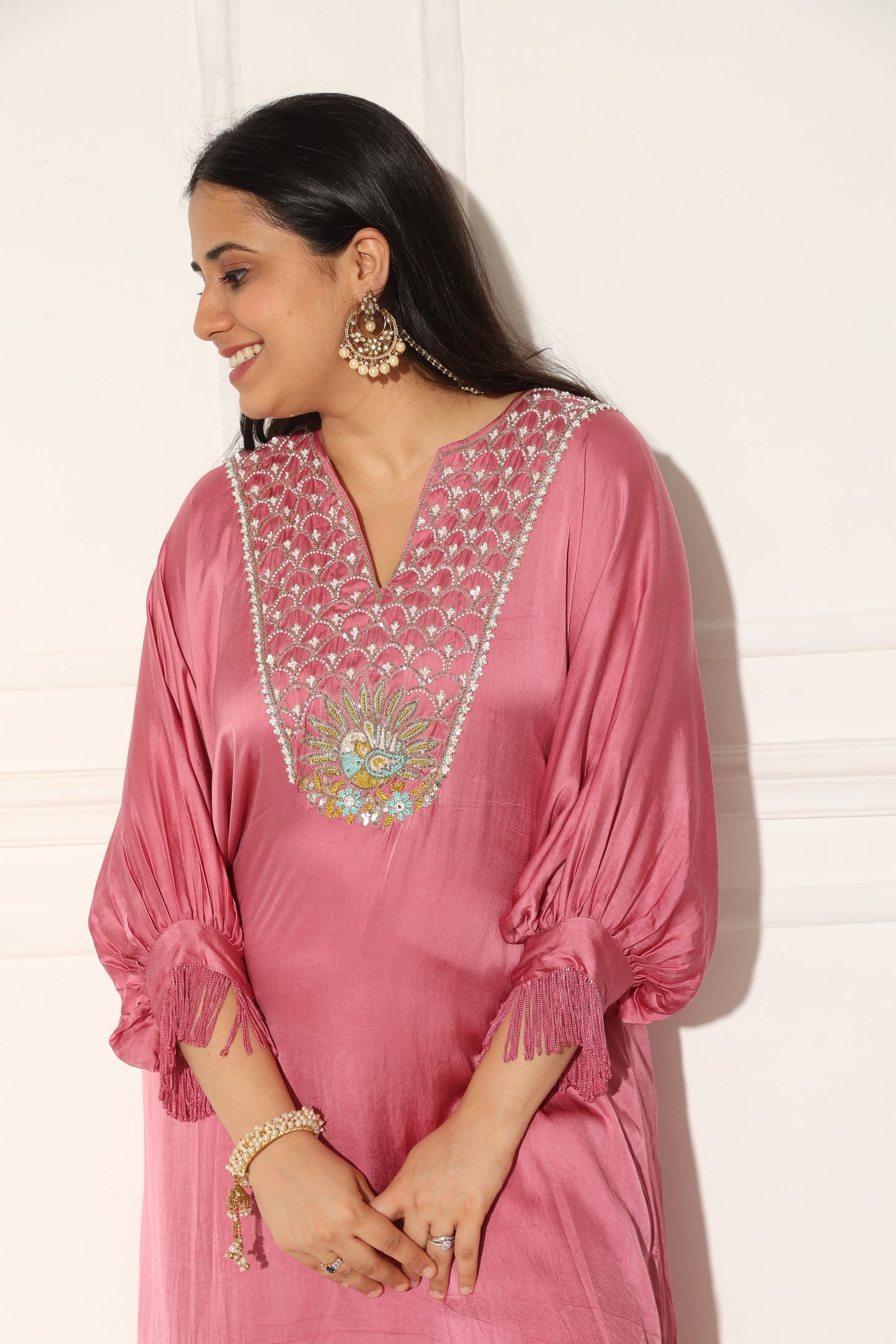 Rose pink kaftan set with a hand embroidered yoke & fringe detailing