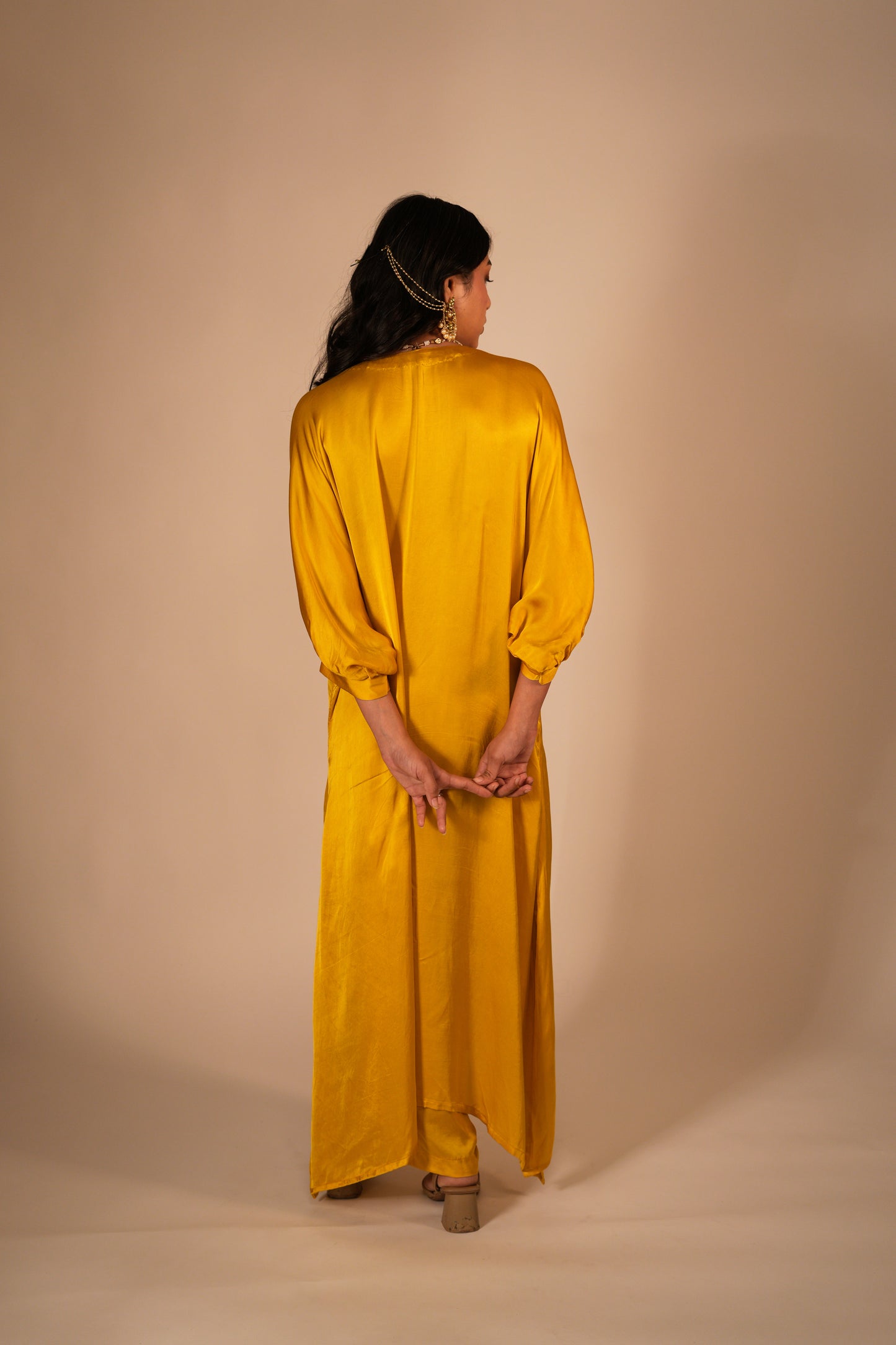 Deep yellow kaftan set with a hand embroidered paisley neckline