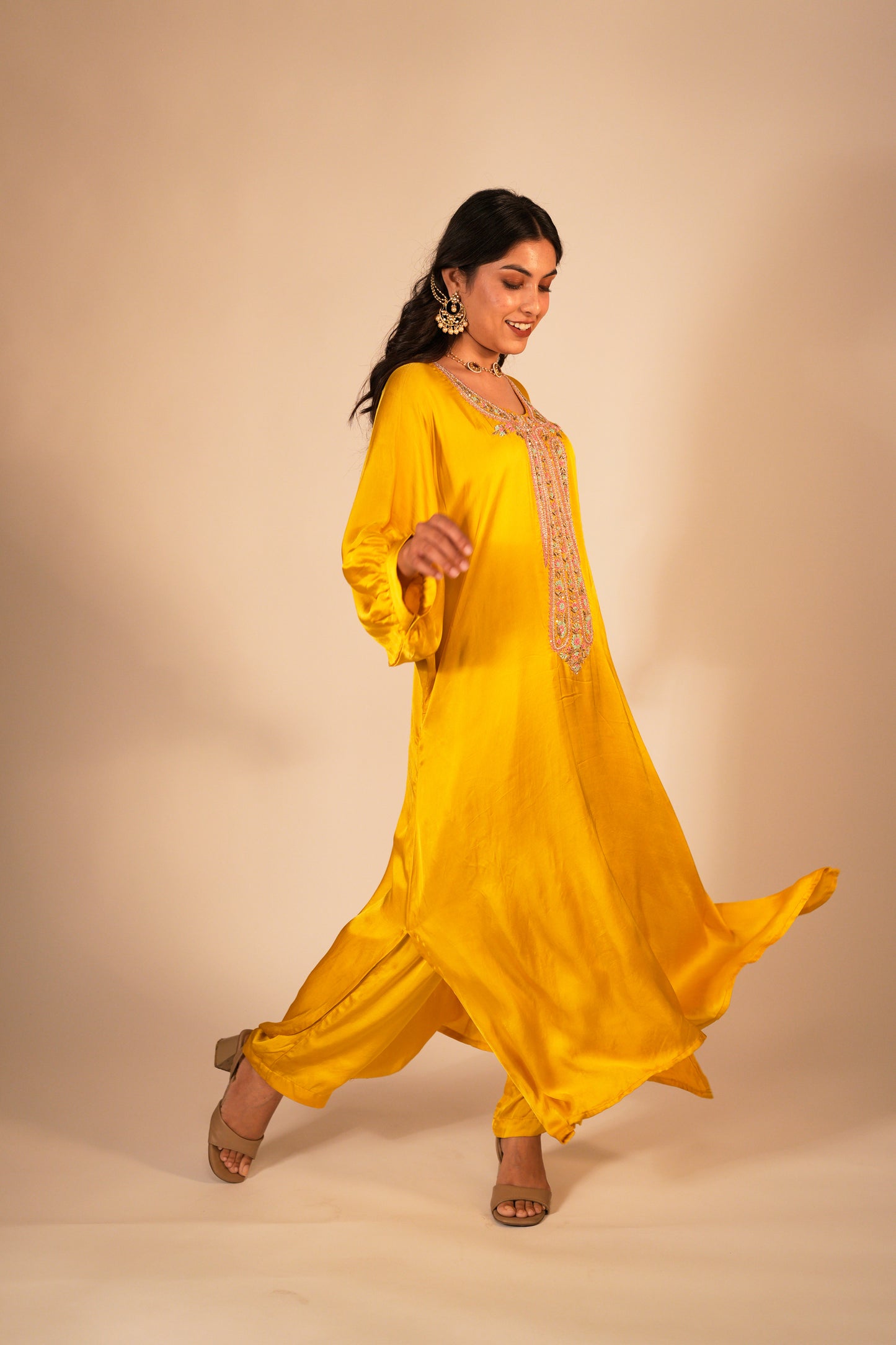 Deep yellow kaftan set with a hand embroidered paisley neckline