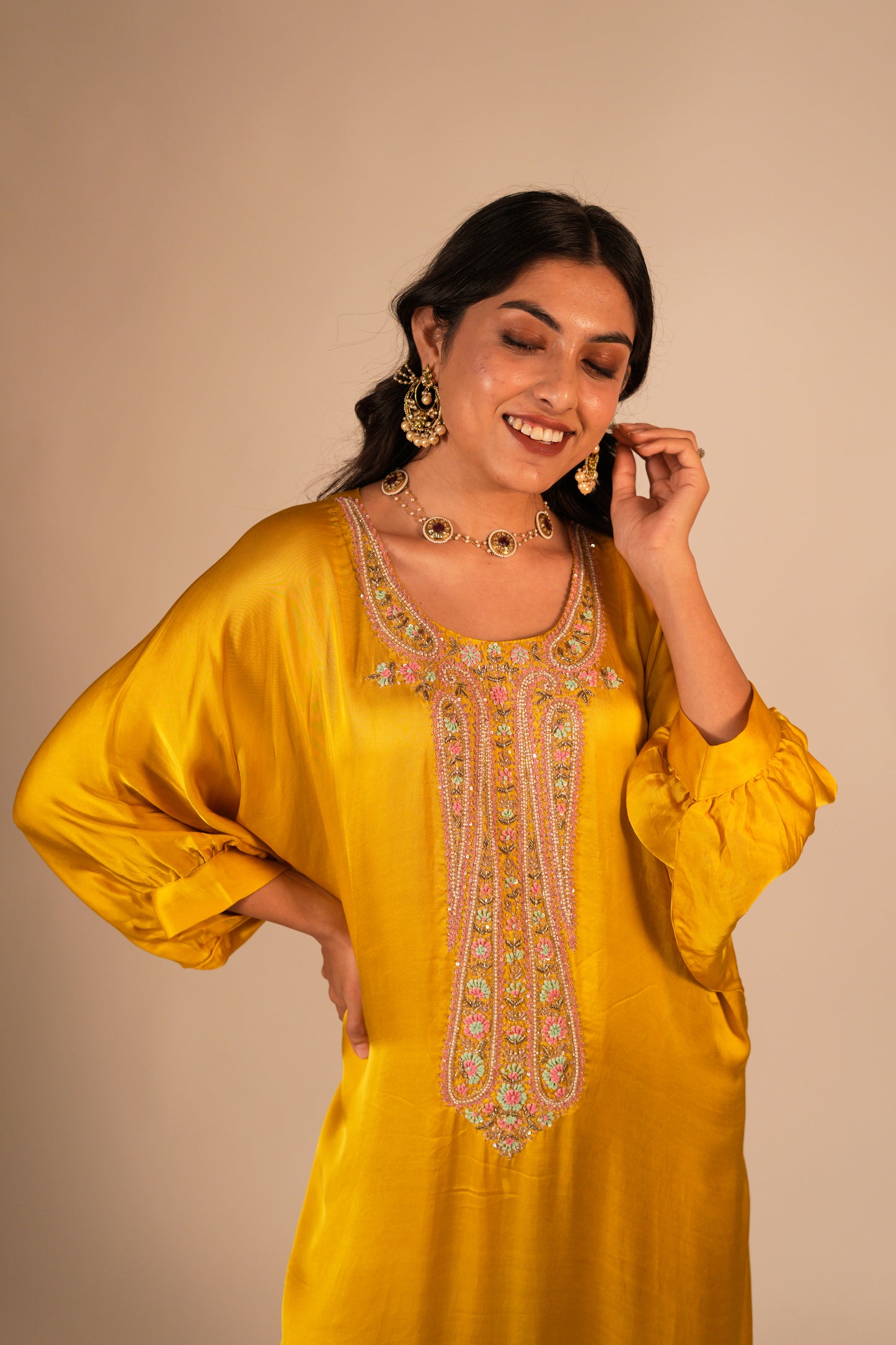 Deep yellow kaftan set with a hand embroidered paisley neckline