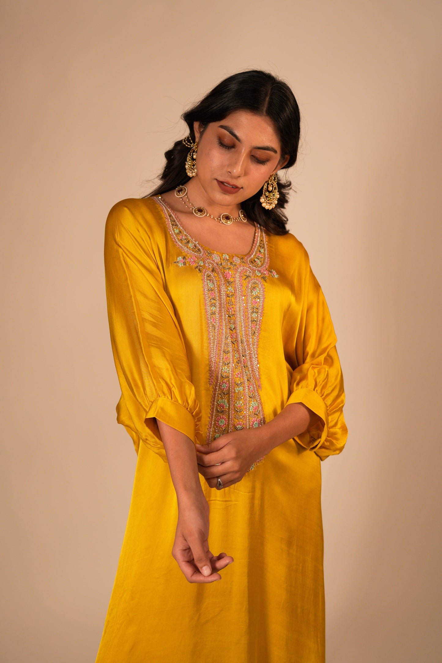 Deep yellow kaftan set with a hand embroidered paisley neckline
