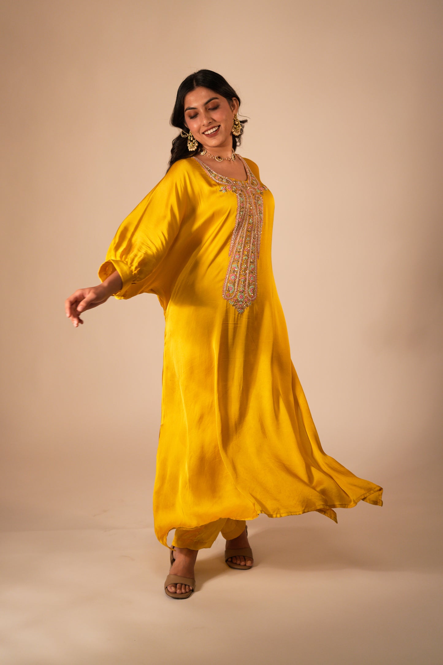 Deep yellow kaftan set with a hand embroidered paisley neckline