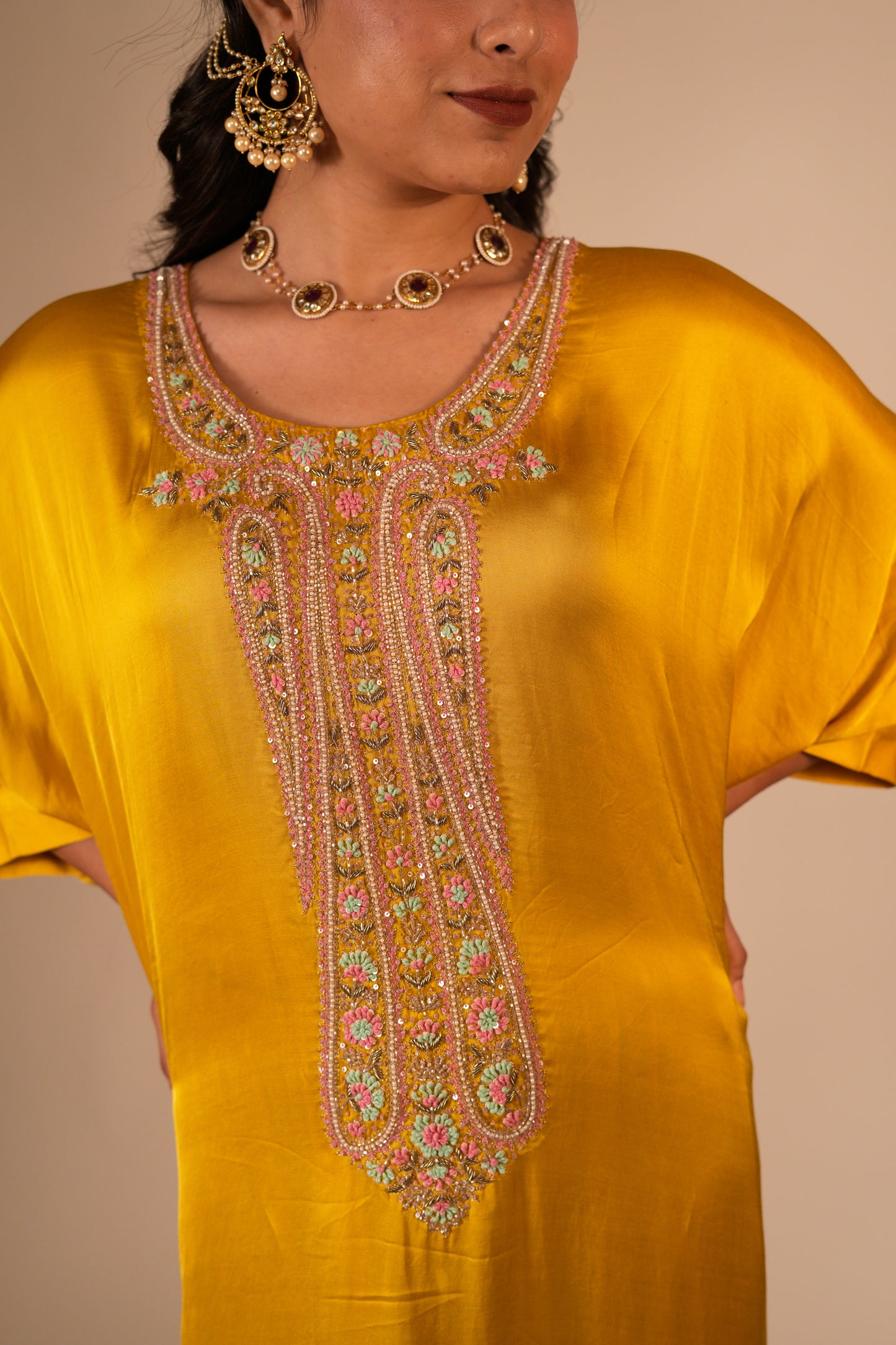 Deep yellow kaftan set with a hand embroidered paisley neckline