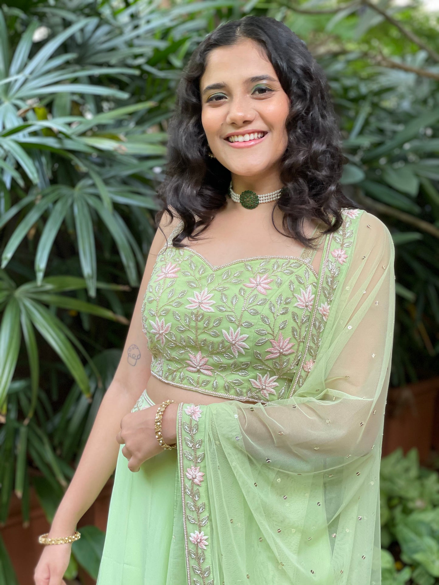 Mint green hand embroidered lehenga